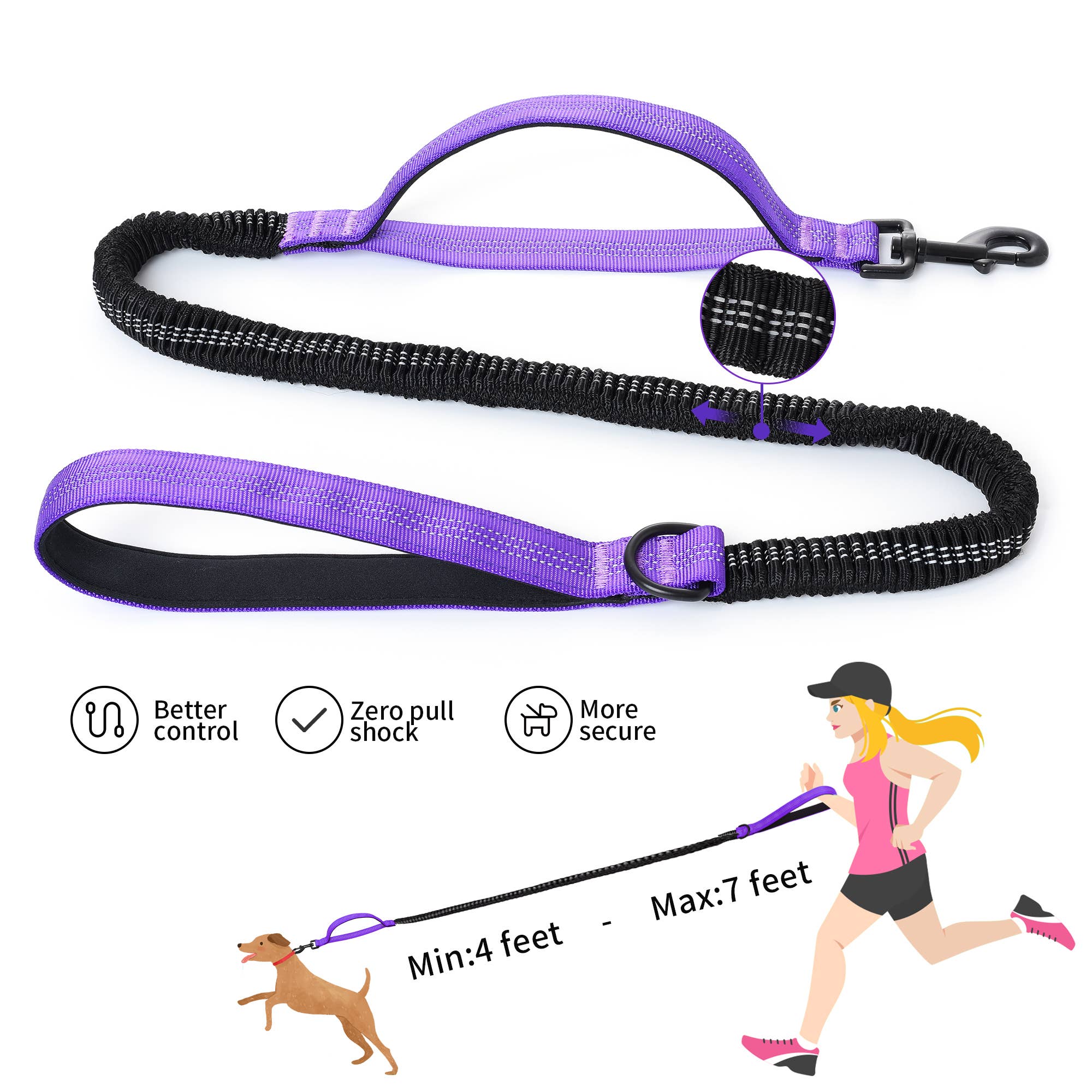 3Feet- 7Feet Dog Bungee Walking Leash w Control Handle