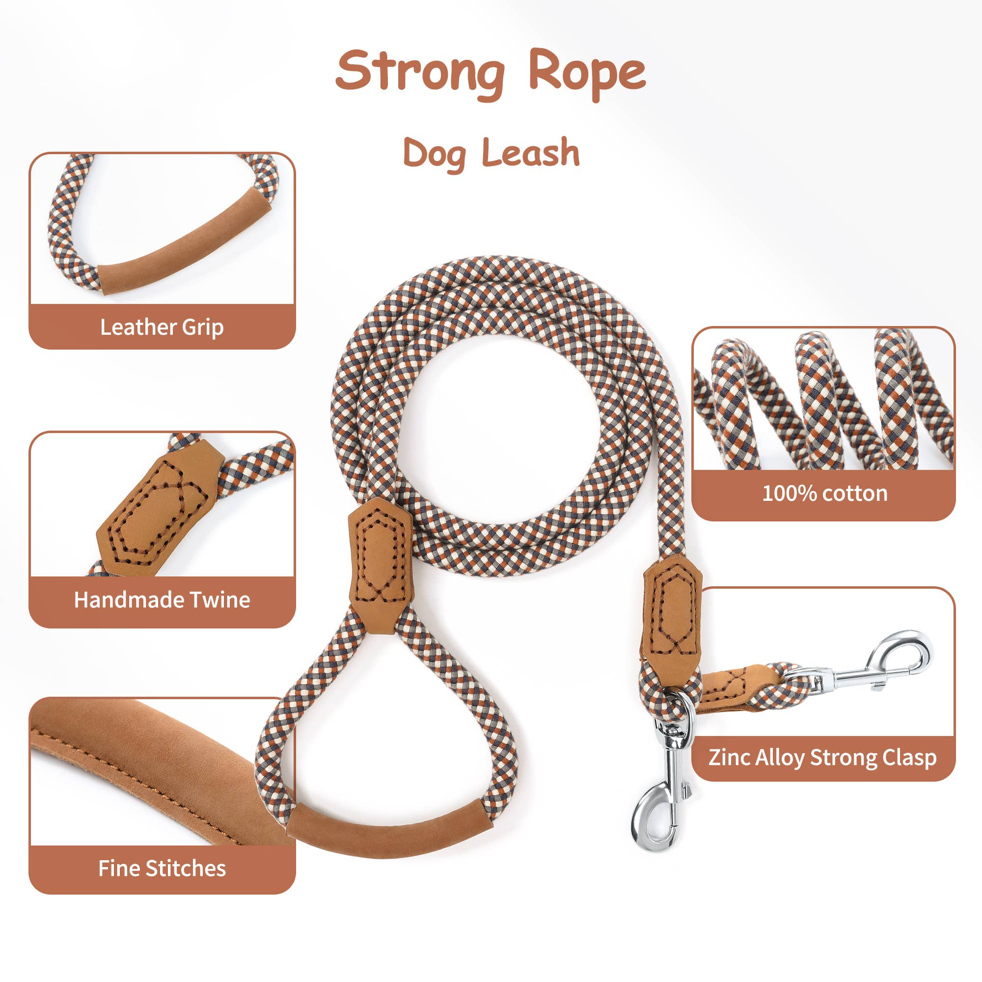 Premium Leather Strong Rope Dog Leash with Leather Handle