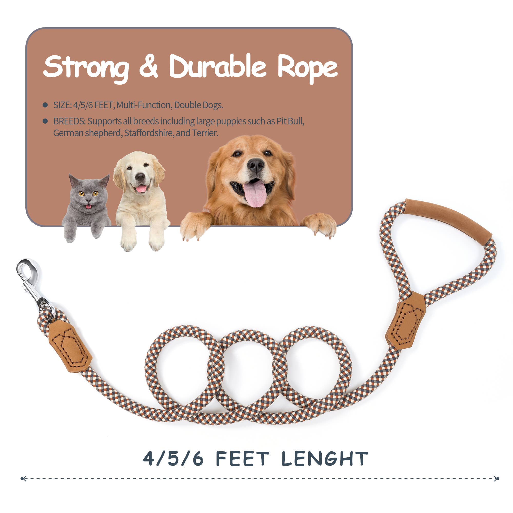 Premium Leather Strong Rope Dog Leash with Leather Handle