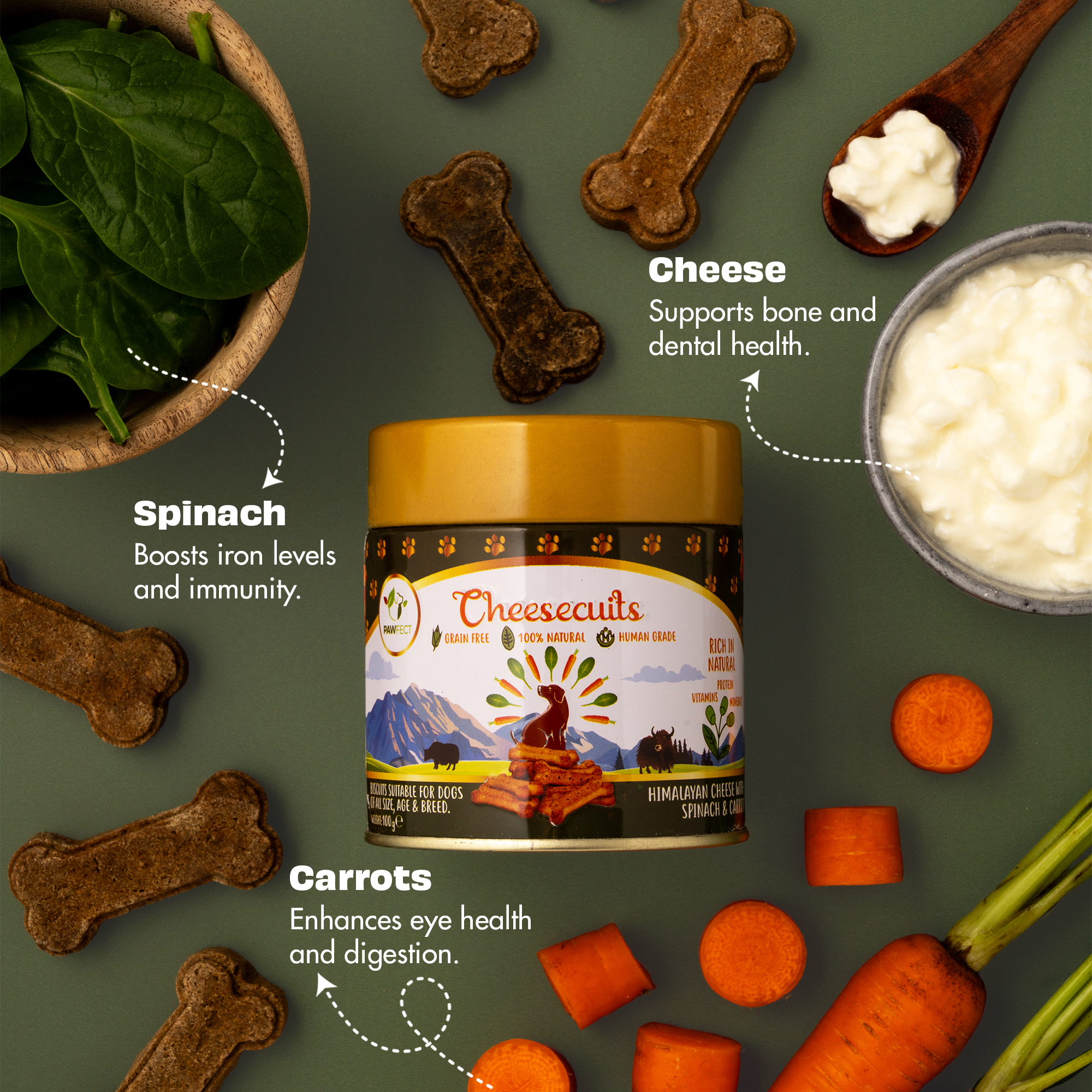 Pawfect Cheesecuits | Cheese biscuits with Carrots, Spinach &amp; Eggs for dogs | All-natural high-protein dog treats | Grain-free, hypoallergenic &amp; rich in antioxidants (100g (3.53oz)