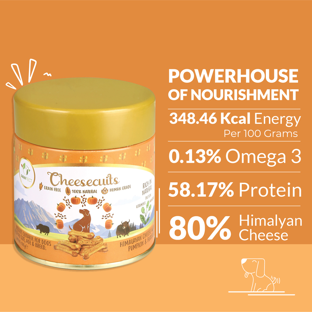 Pawfect Cheesecuits | Cheese biscuits with Pumpkin, Flaxseeds &amp; Eggs for dogs| All-natural high-protein dog treats | Grain-free, hypoallergenic &amp; rich in antioxidants (100g/3.53oz)