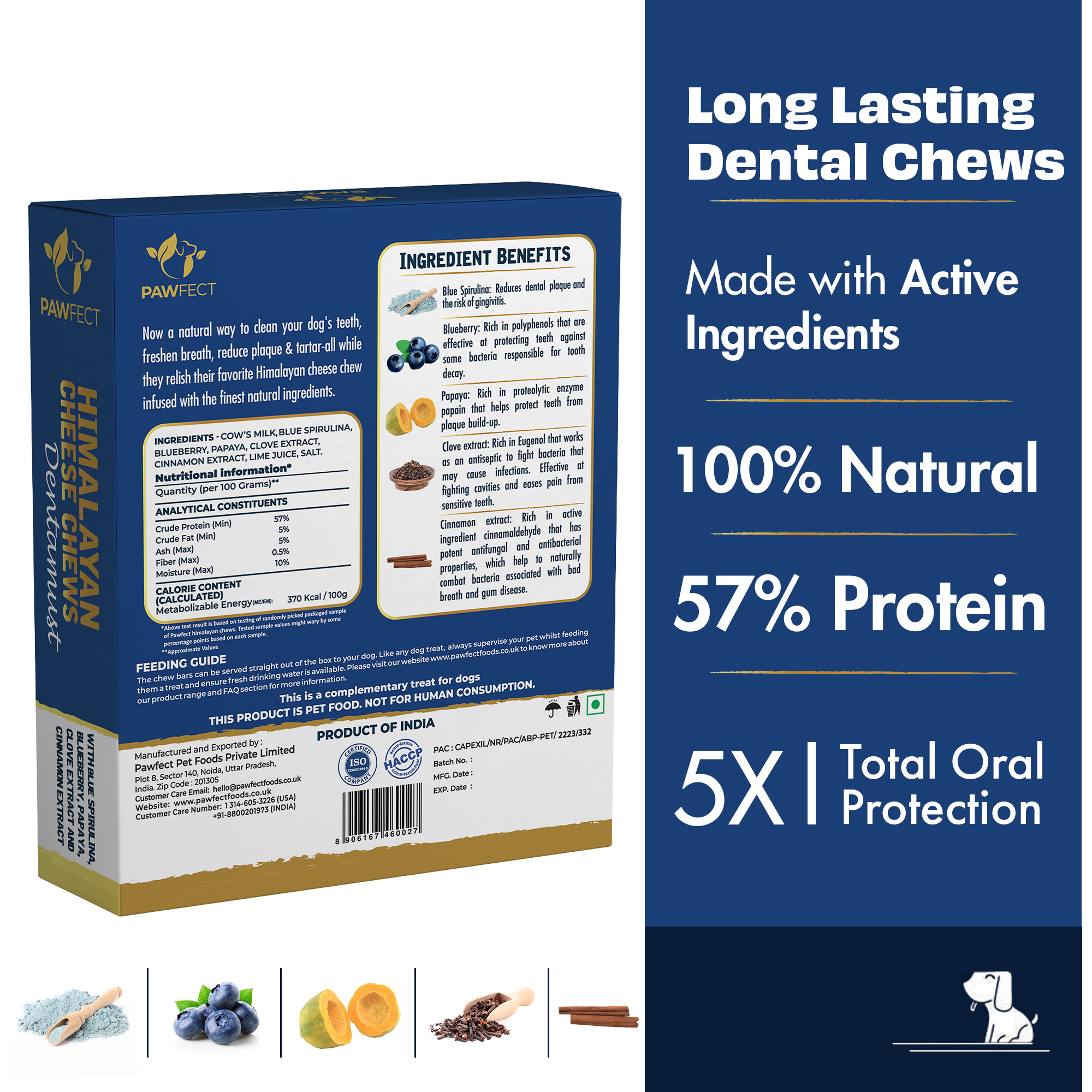 Pawfect Dentamust Himalayan Cheese Chews with Blueberry & Papaya for Dogs|Long lasting dental chews with Superfoods |All Natural, High protein|Grain-free| Pack of 3 for Dogs