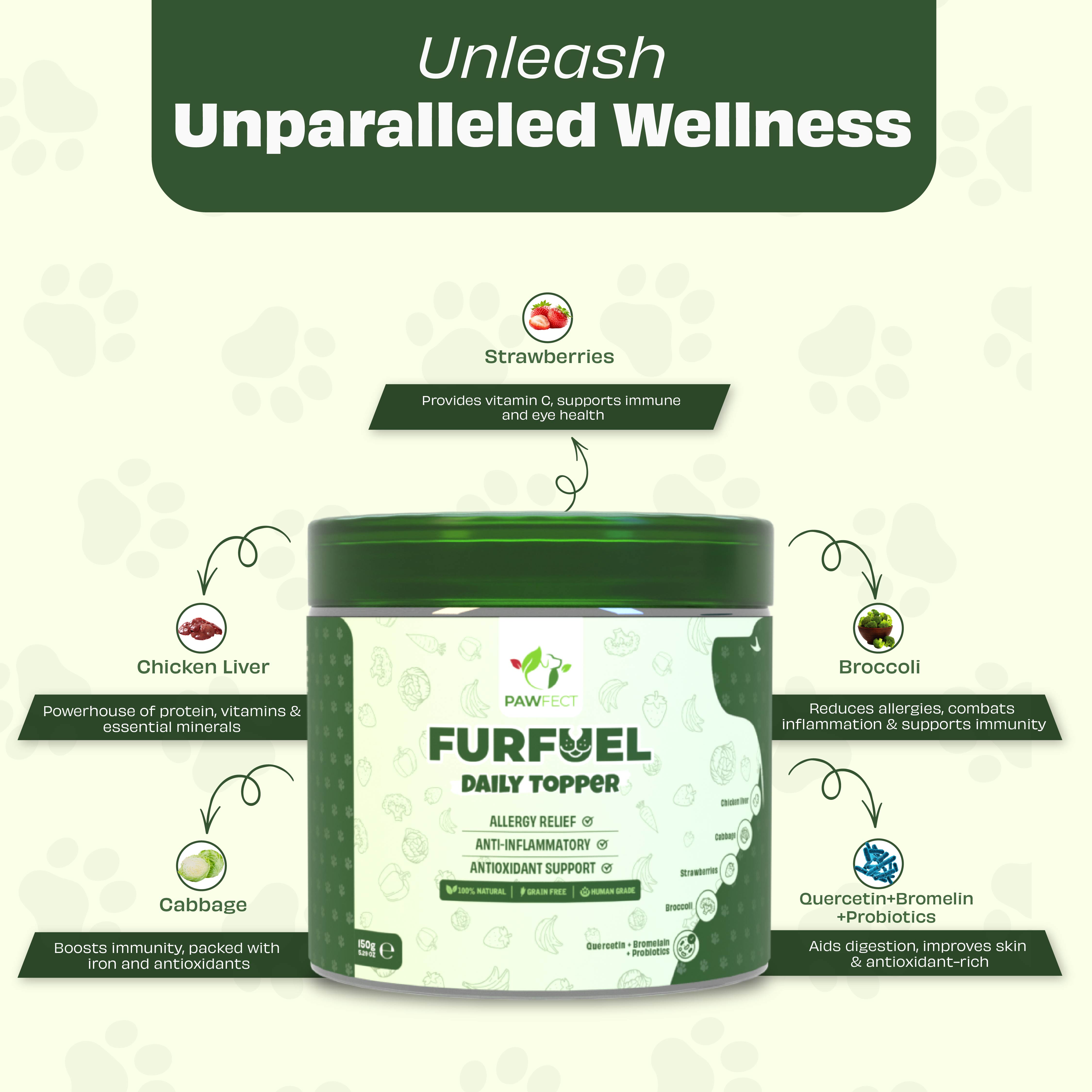Pawfect Furfuel Daily Topper for Dogs | Proprietery Blend for Allergy Relief | 100% Natural | Enriched with Bromelain, Broccoli &amp; Quercetin | Anti-Inflammatory | Antioxidant Support (150g/5.29oz)