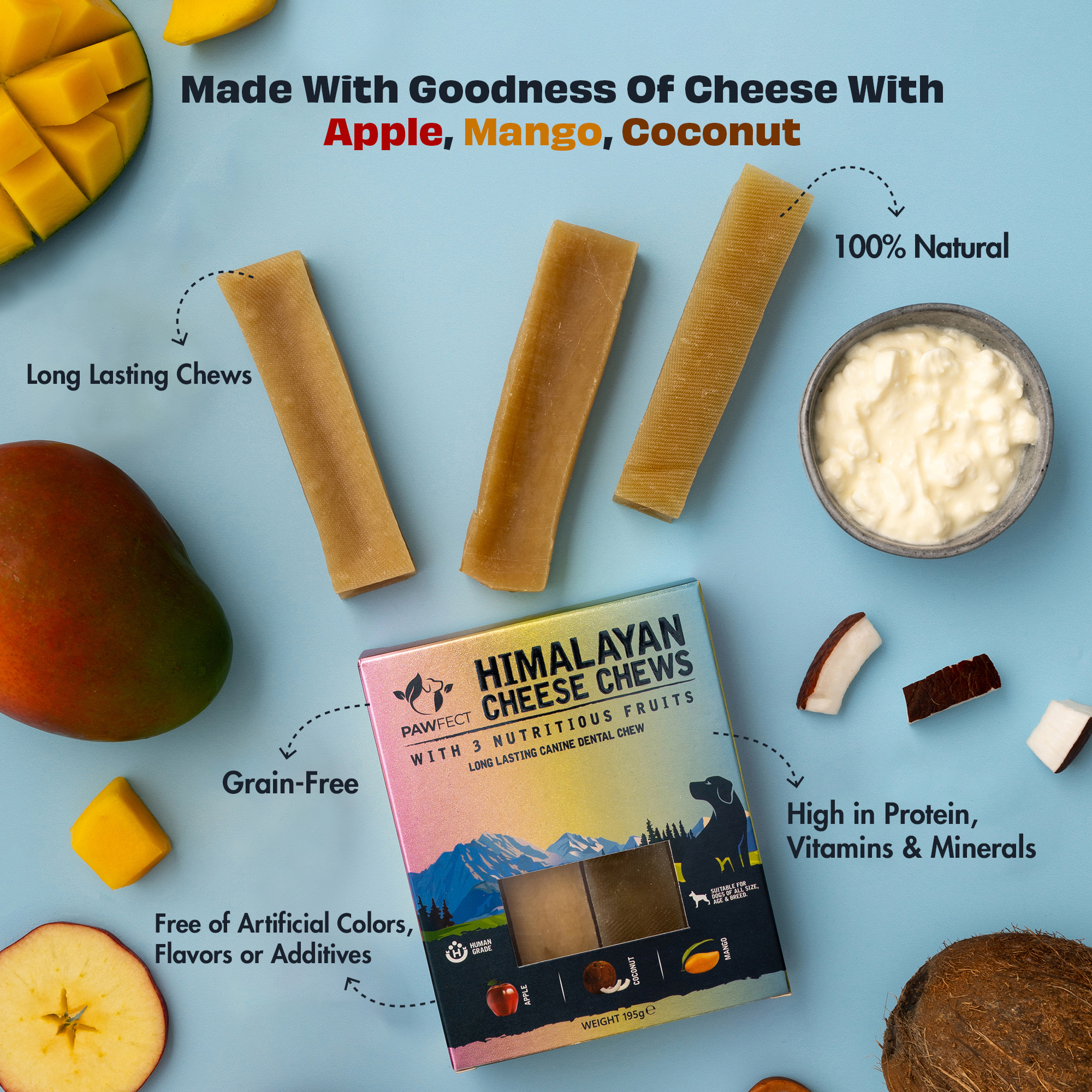 Pawfect Himalayan Cheese Chews with Apple, Mango & Coconut for Dogs | All Natural dental stick | Rich in Protein & Calcium | Grain-free | Long-lasting chew |Pack of 3