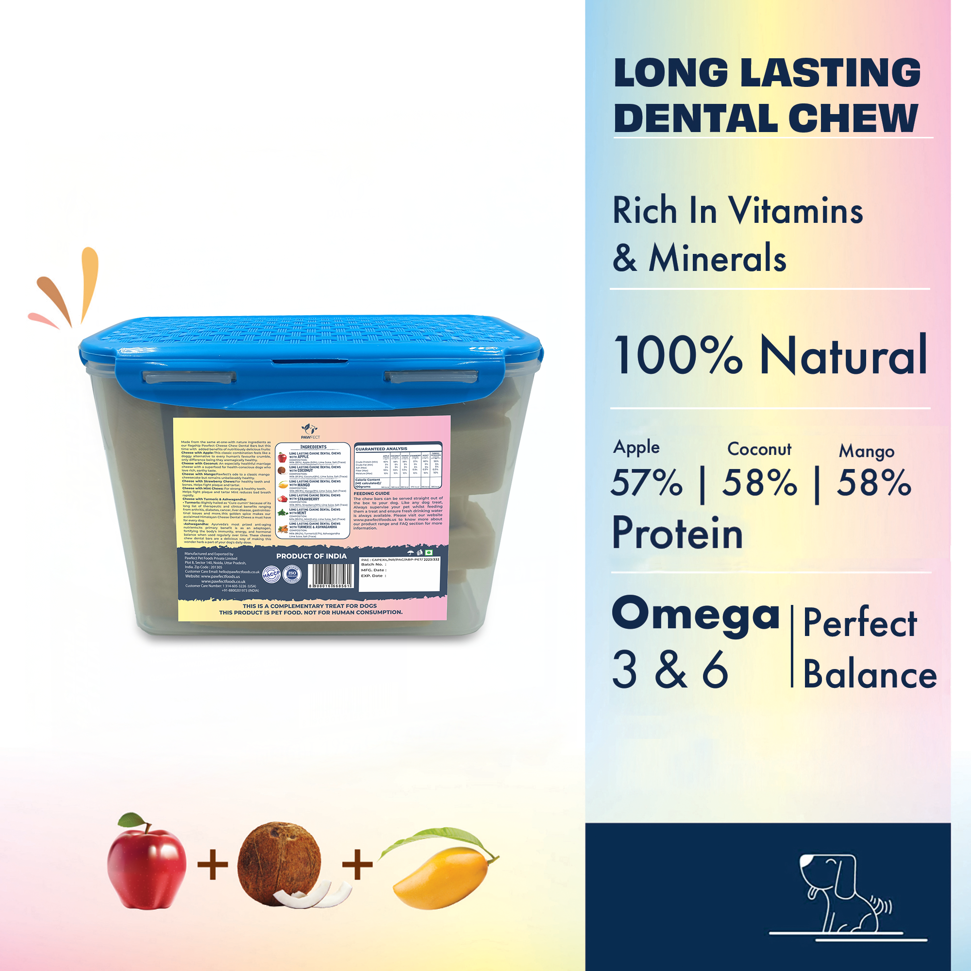 Pawfect Himalayan Cheese Chews with Apple, Mango &amp; Coconut for Large Dogs | All Natural dental stick | Rich in Protein &amp; Calcium | Grain-free | Long-lasting chew |Pack of 10 (1560g/55.02oz)