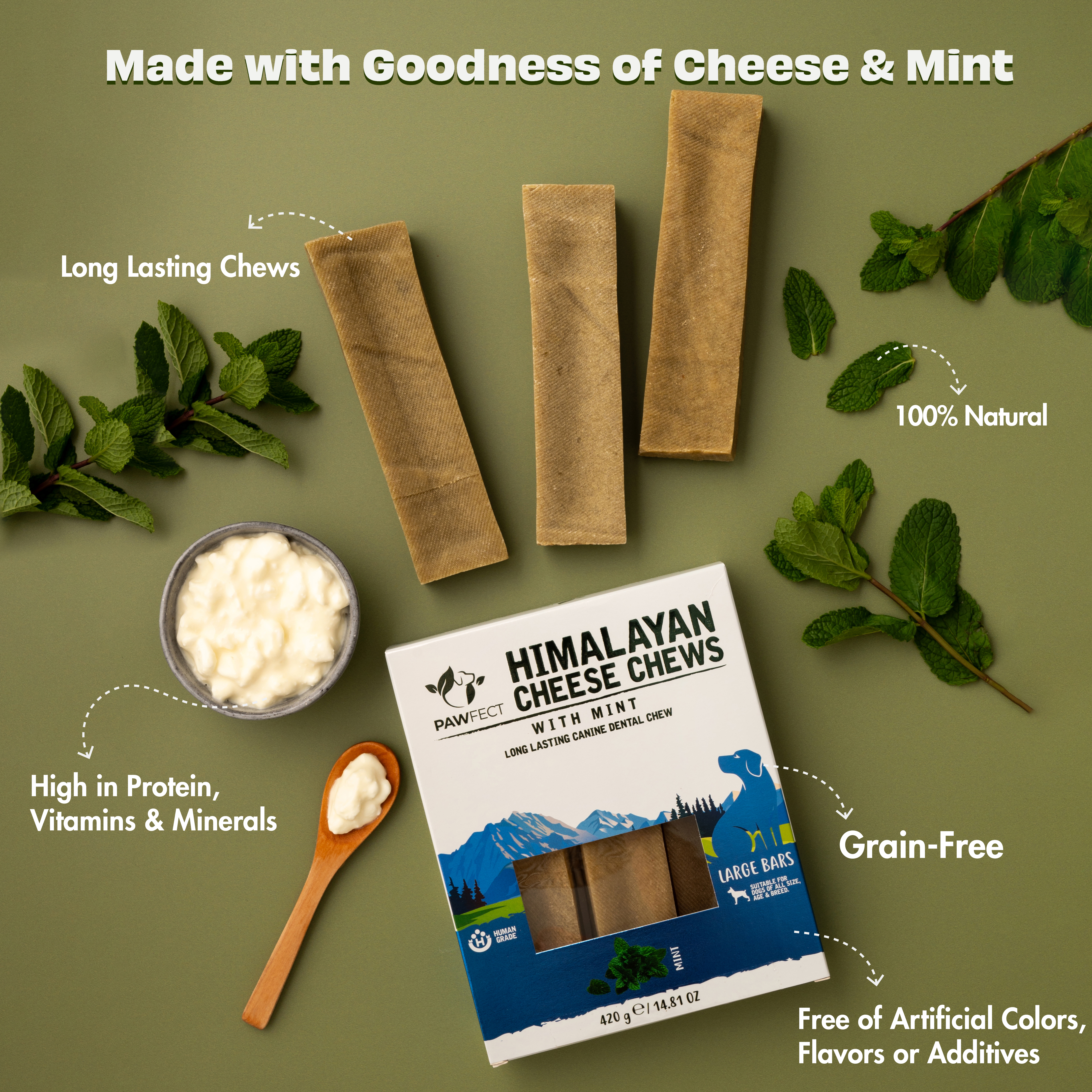 Pawfect Himalayan Cheese Chews with Mint for Dogs| 100% Natural Dental Stick| Cleans teeth| Removes Plaque and Tartar|High protein| Grain-free | Long lasting chew | Pack of 3