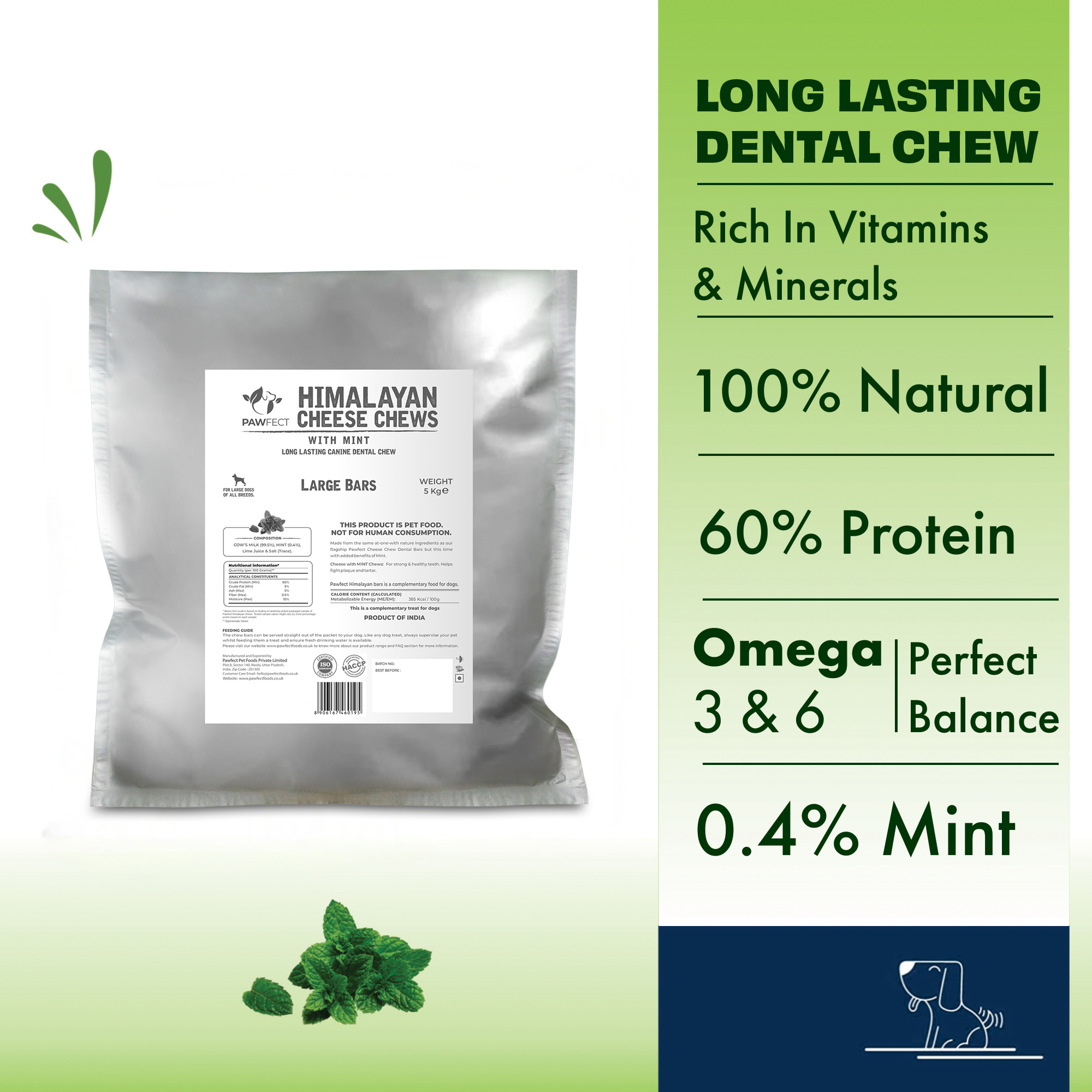Pawfect Himalayan Cheese Chews with Mint for Large Dogs| 100% Natural Dental Stick| Cleans teeth| Removes Plaque and Tartar|High protein| Grain-free | Long lasting chew | Bulk Pack (5kg/176.37oz)