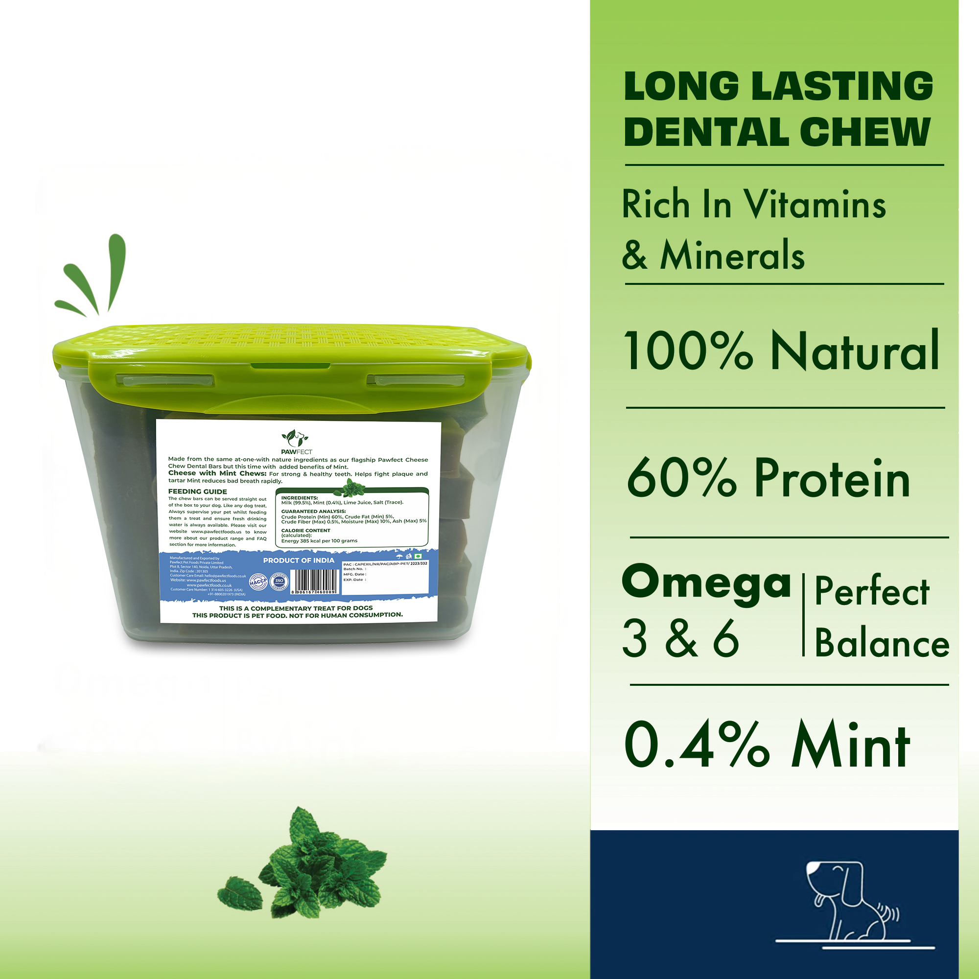 Pawfect Himalayan Cheese Chews with Mint for Large Dogs| 100% Natural Dental Stick| Cleans teeth| Removes Plaque and Tartar|High protein| Grain-free | Long lasting chew | Pack of 10 (1560g/55.02oz)