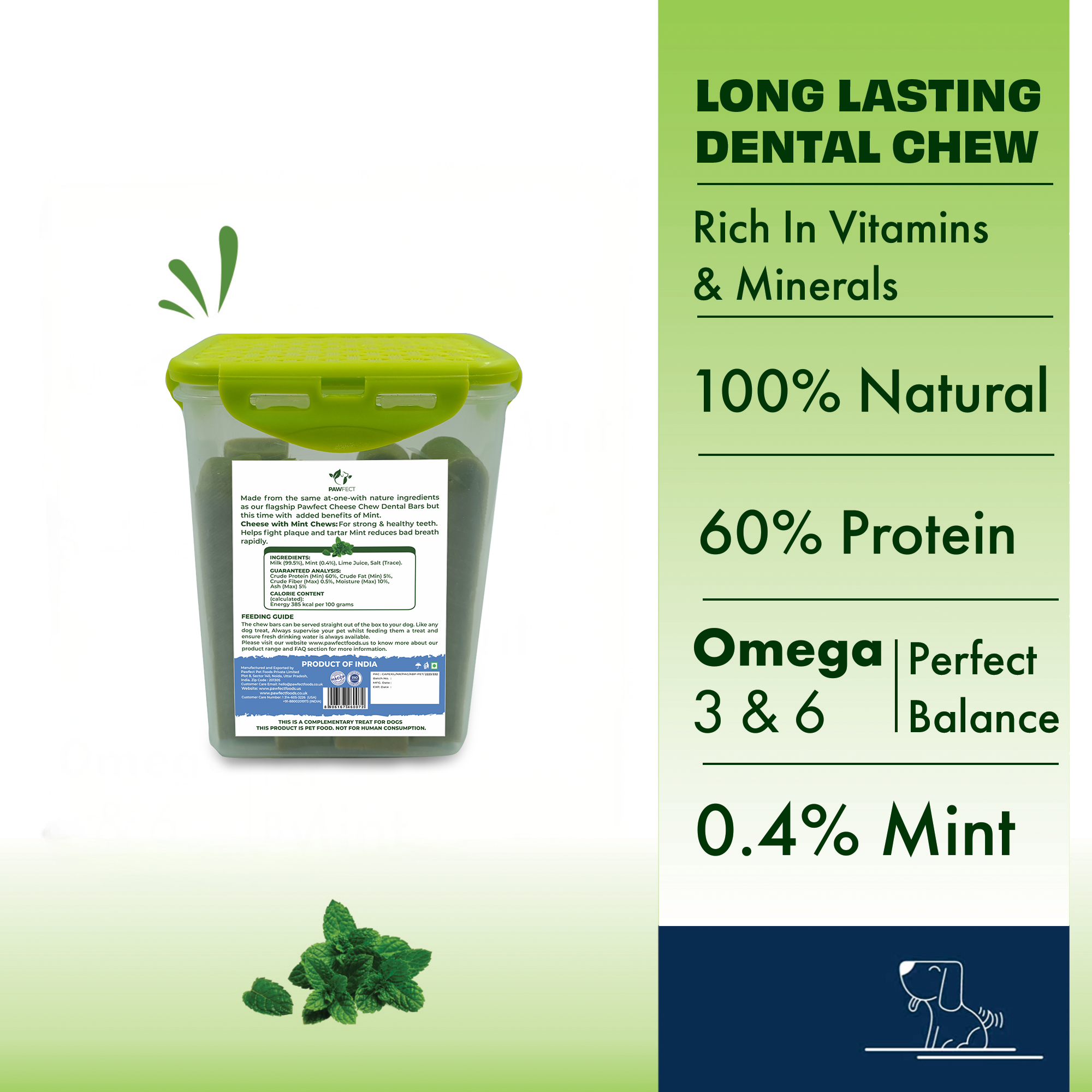 Pawfect Himalayan Cheese Chews with Mint for Medium Dogs| 100% Natural Dental Stick| Cleans teeth| Removes Plaque and Tartar|High protein| Grain-free | Long lasting chew | Pack of 10 (750g/26.45oz)