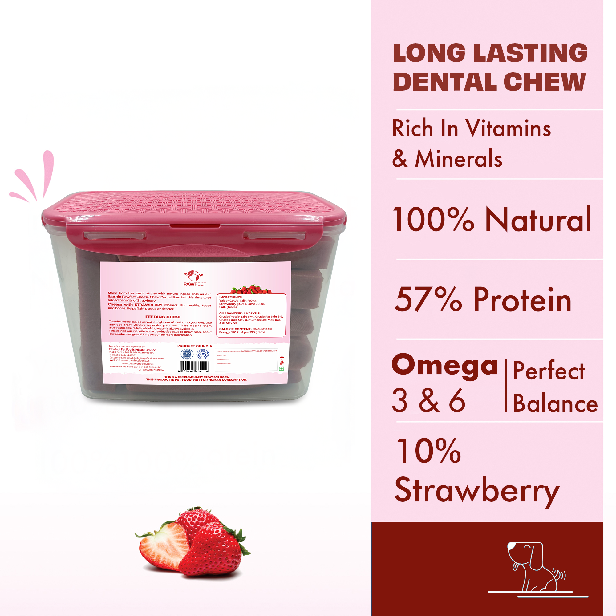 Pawfect Himalayan Cheese Chews with Strawberry for Large Dogs| All Natural Dental Stick| Cleans teeth| Removes Plaque and Tartar|High protein, Grain-free | Pack of 10 Long lasting chew (1560g/55.03oz)