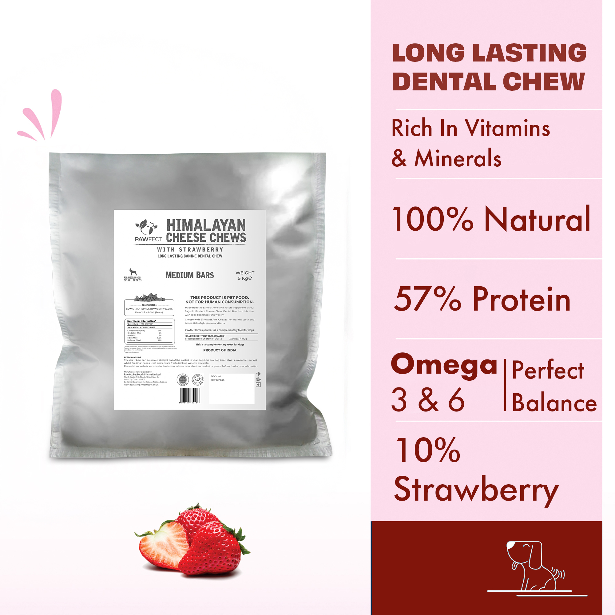 Pawfect Himalayan Cheese Chews with Strawberry for Medium Dogs| All Natural Dental Stick| Cleans teeth| Removes Plaque and Tartar|High protein, Grain-free | Bulk Pack (5kg/176.37oz)