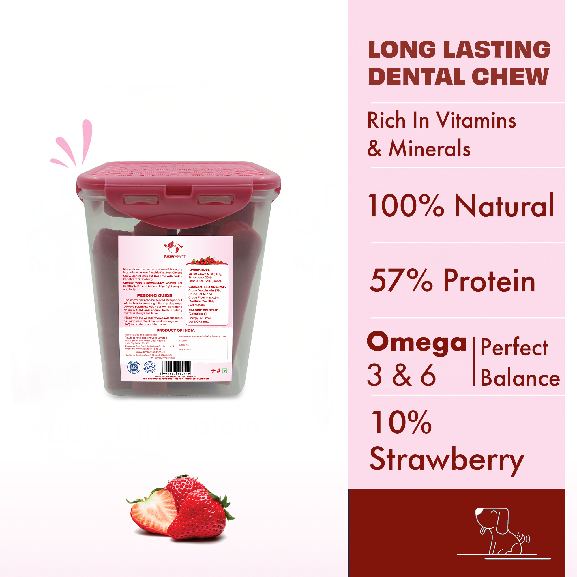 Pawfect Himalayan Cheese Chews with Strawberry for Medium Dogs| All Natural Dental Stick| Cleans teeth| Removes Plaque and Tartar|High protein, Grain-free | Pack of 10 Long lasting chew (750g/26.45oz)