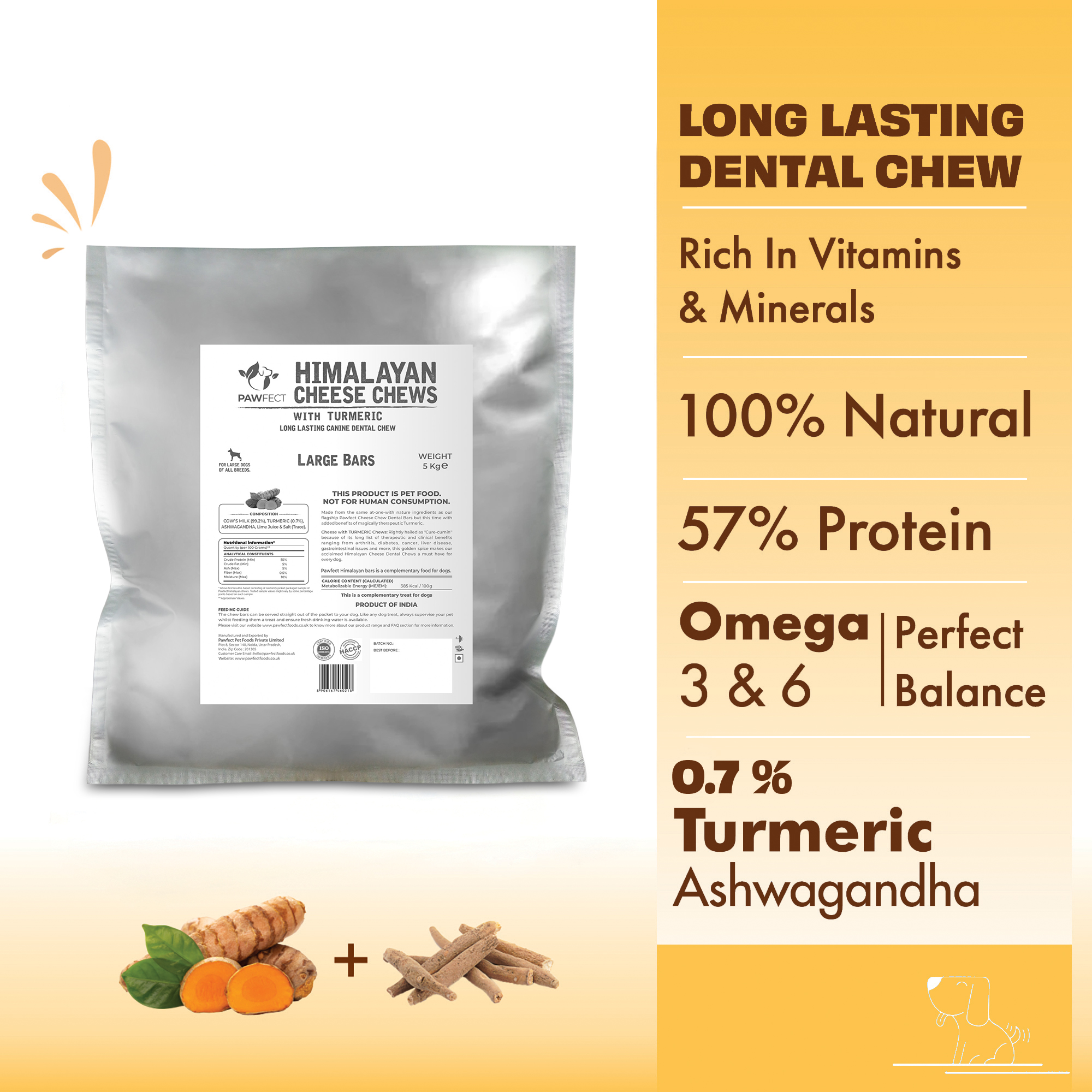 Pawfect Himalayan Cheese Chews with Turmeric &amp; Ashwagandha for Large Dogs|100% Natural Dental Stick|Cleans teeth|Helps remove plaque and tartar|Grain-free|Long lasting chew| Bulk Pack (5kg/176.37oz)