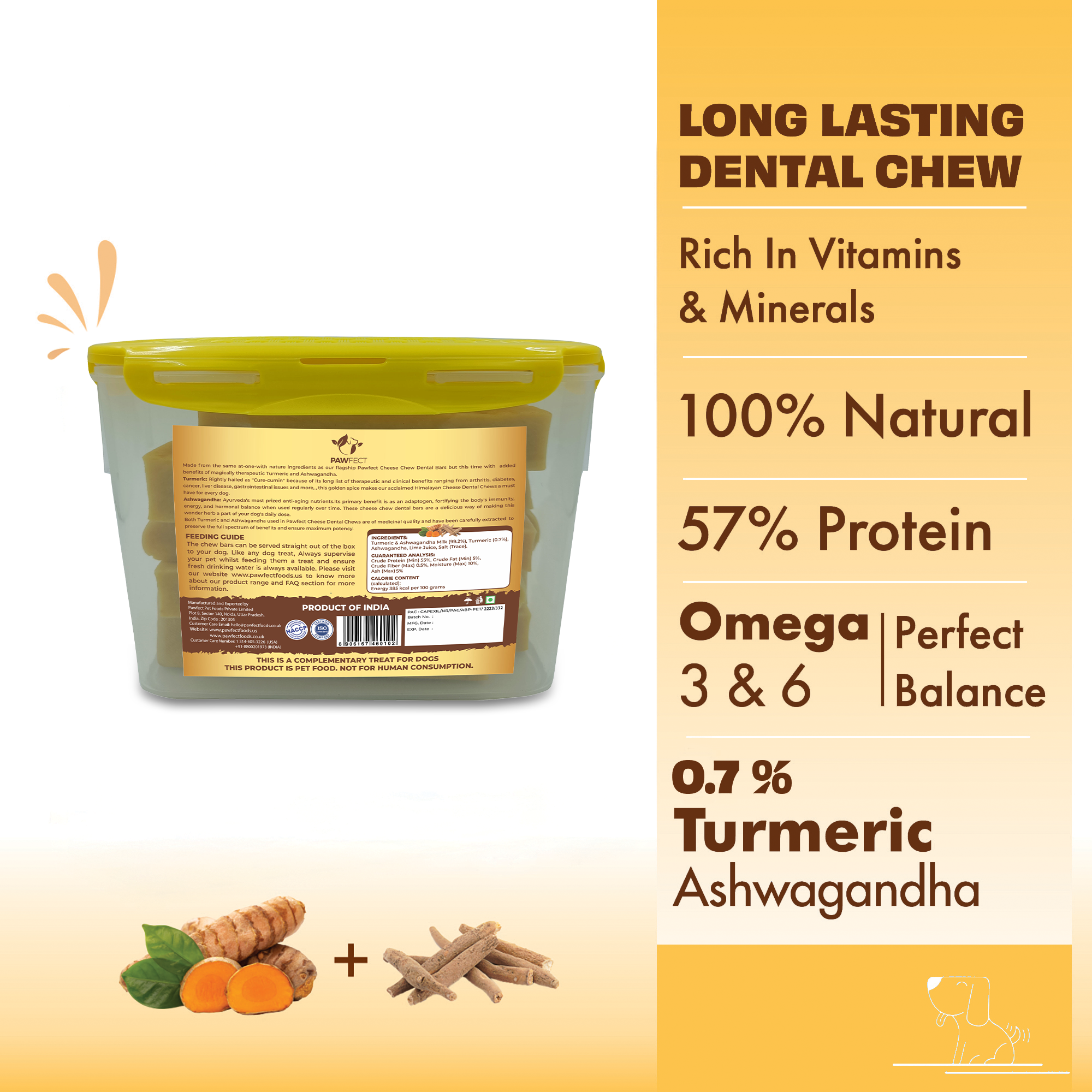 Pawfect Himalayan Cheese Chews with Turmeric &amp; Ashwagandha for Large Dogs|100% Natural Dental Stick|Cleans teeth|Helps remove plaque and tartar|Grain-free|Long lasting chew|Pack of 10 (1560g/55.02oz)