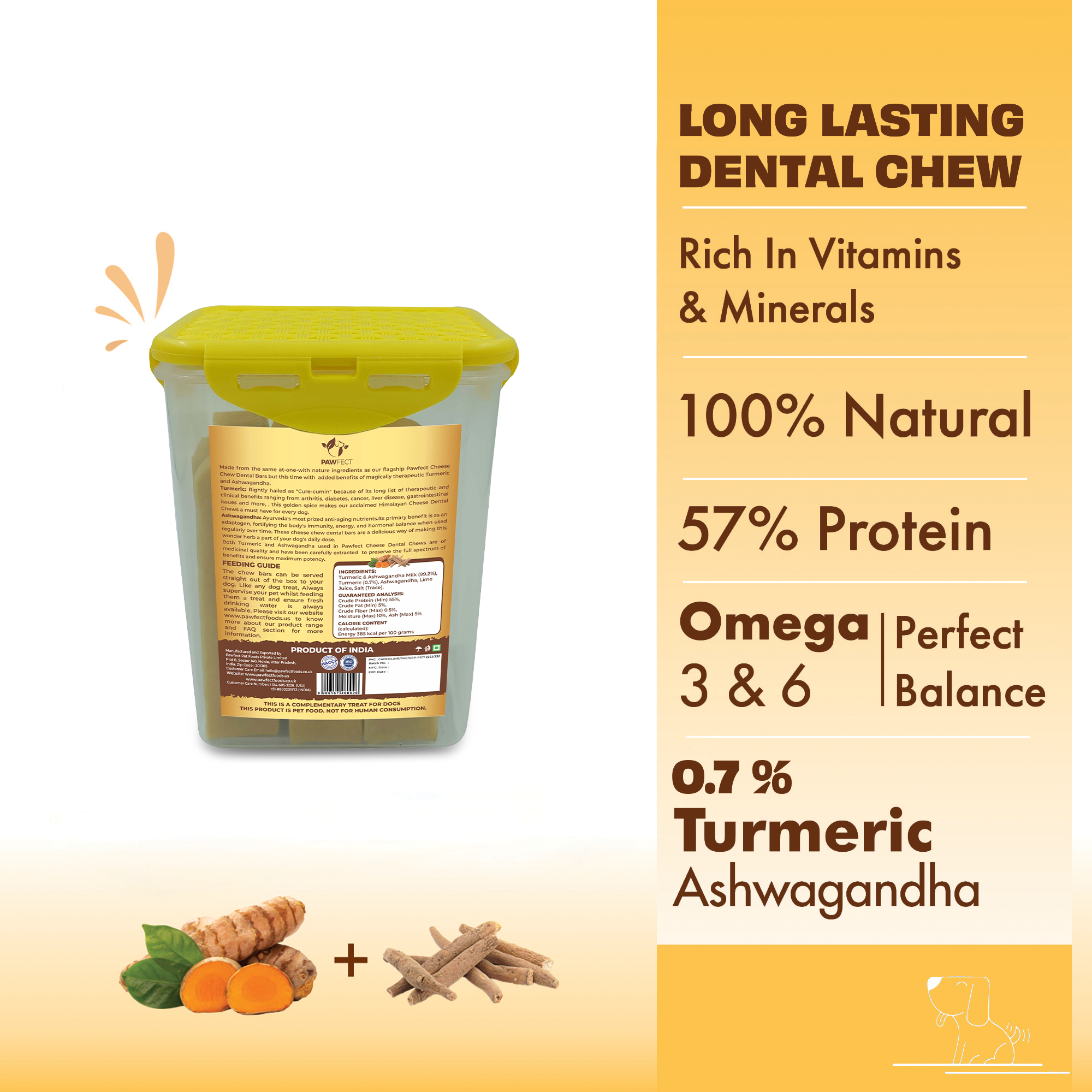 Pawfect Himalayan Cheese Chews with Turmeric &amp; Ashwagandha for Medium Dogs|100% Natural Dental Stick|Cleans teeth|Helps remove plaque and tartar|Grain-free|Long lasting chew|Pack of 10 (750g/26.45oz)