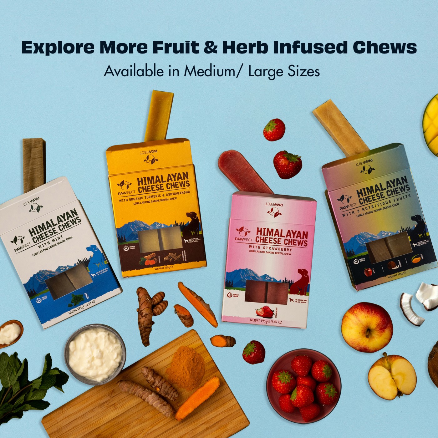 Pawfect Himalayan Cheese Dental Chews - Apple, Coconut and Mango - Pack of 3 Chews for Medium Sized Dogs (195g/6.88oz)