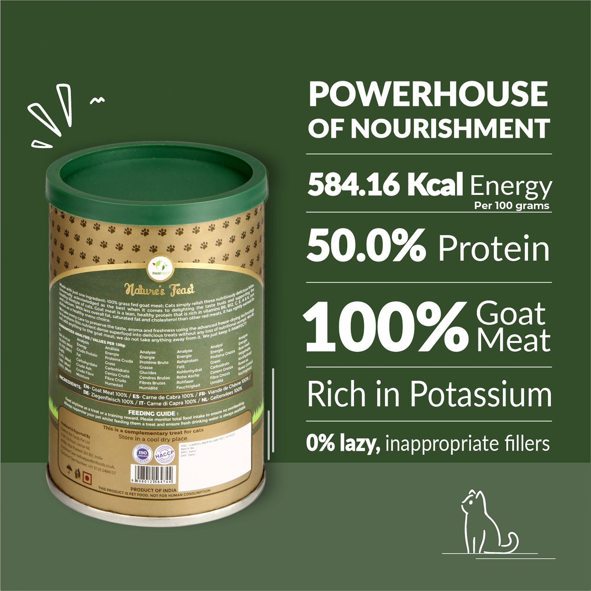 Pawfect Nature's Feast Freeze-Dried Goat Meat Treats for Cats| 100% Natural| Hypoallergenic| Easily Digestible| Grain-Free| Training Treat| High Protein| Low Fat| Single Ingredient treats(50g/1.76oz)
