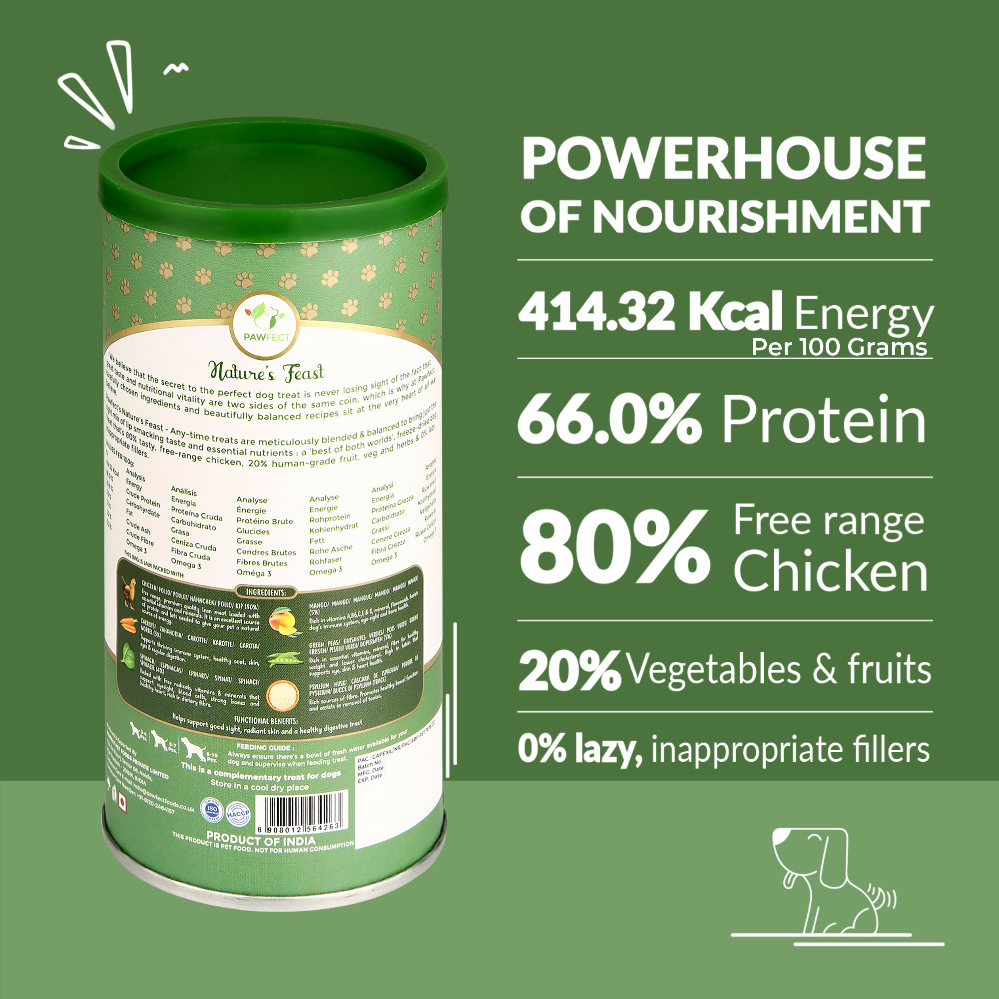 Pawfect Nature's Feast Freeze-Dried Treats with Asian Greens for dogs | 80% Chicken, 20% Veggies & Fruits|100% Natural|Grain-Free|High Protein |Limited Ingredient Training Treat (150g/5.29oz)