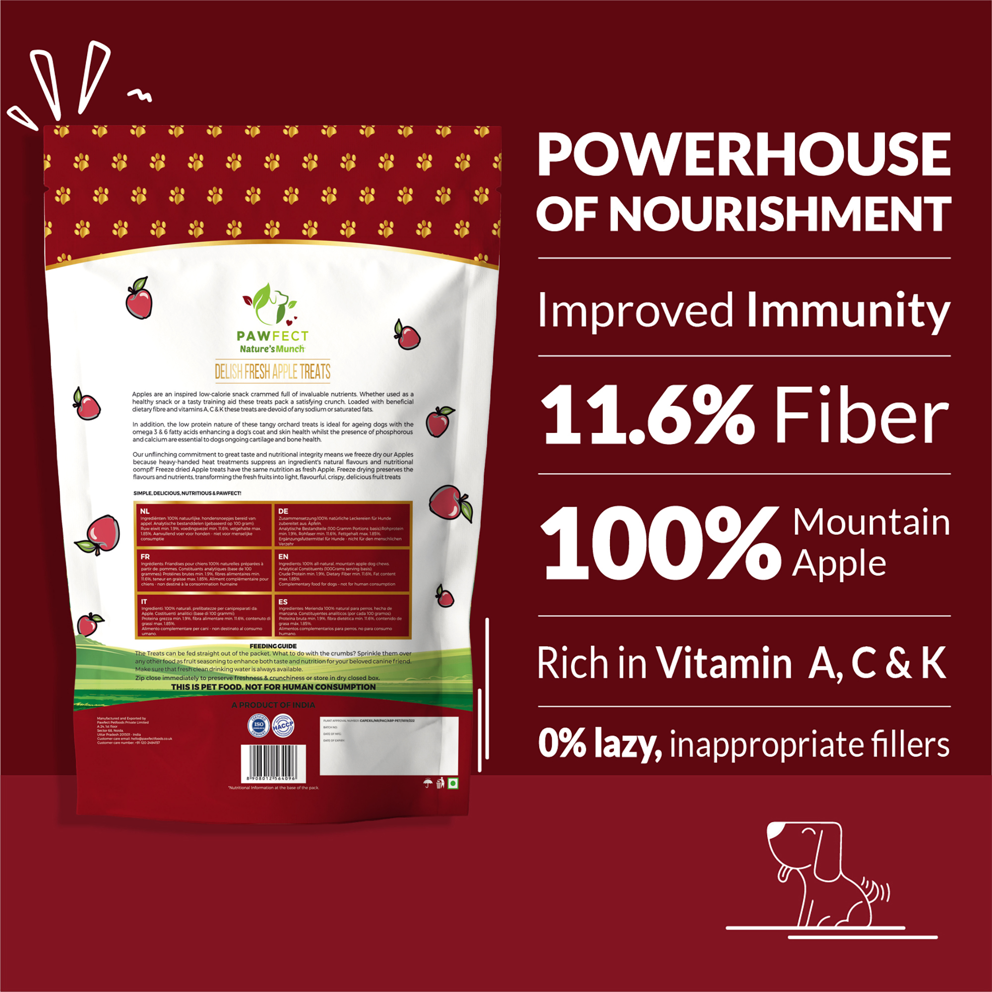 Pawfect Nature's Munch Freeze-Dried Apple Treats for Dogs | Vegan Treats| Immunity &amp; Eyesight Booster | 100% Natural | Grain &amp; Gluten Free | Low Calorie Single ingredient Training Treats (40g/1.41oz)