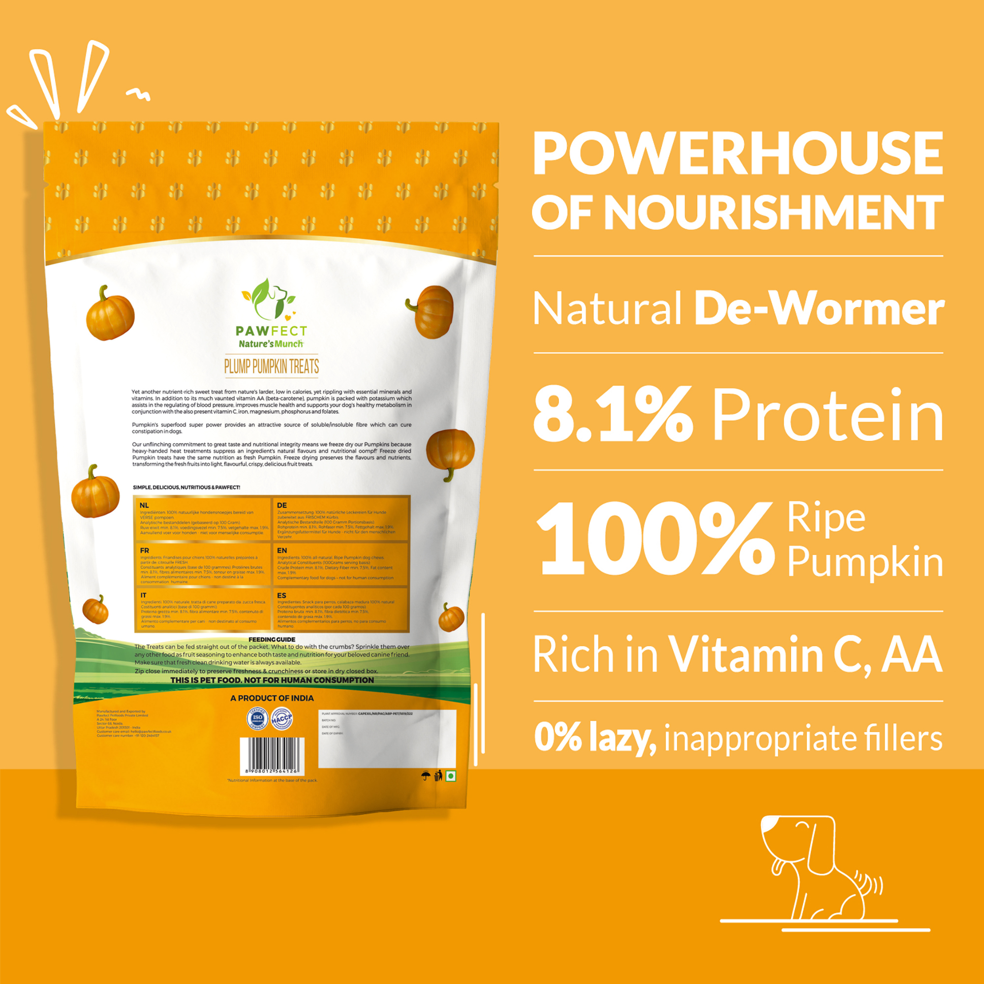 Pawfect Nature's Munch Freeze-Dried Plump Pumpkin Treats for Dogs | Hypoallergenic, Grain-Free |Skin &amp; Coat Boost | Natural Dewormer Treats (20g/0.70oz)