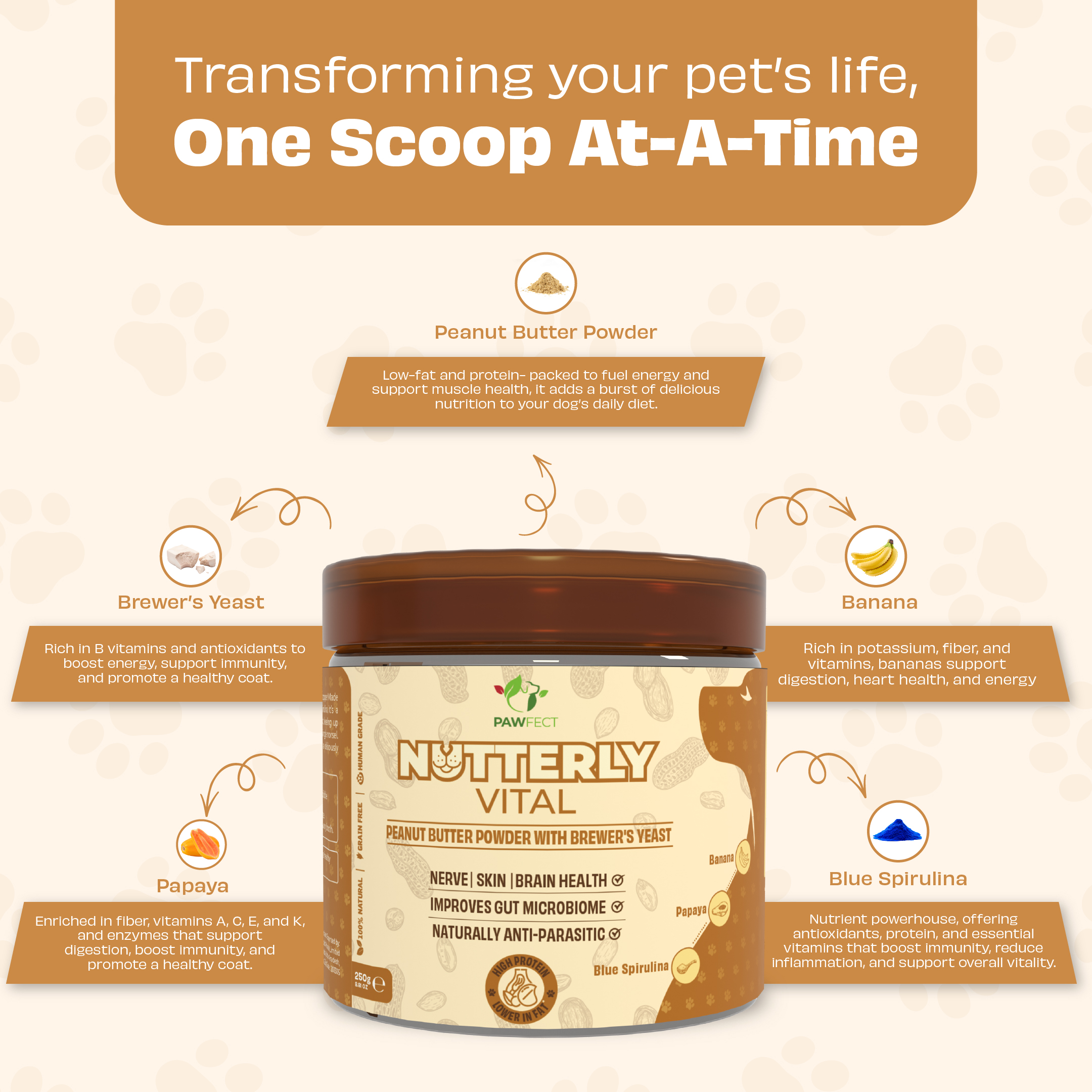 Pawfect Nutterly Vital Peanut Butter Powder | Daily Topper for Dogs | All Natural | Brewer's Yeast &amp; Blue Spirulina | Improves Nerve, Skin, Brain Health &amp; Gut Microbiome | Anti Parasitic (250g/8.82oz)