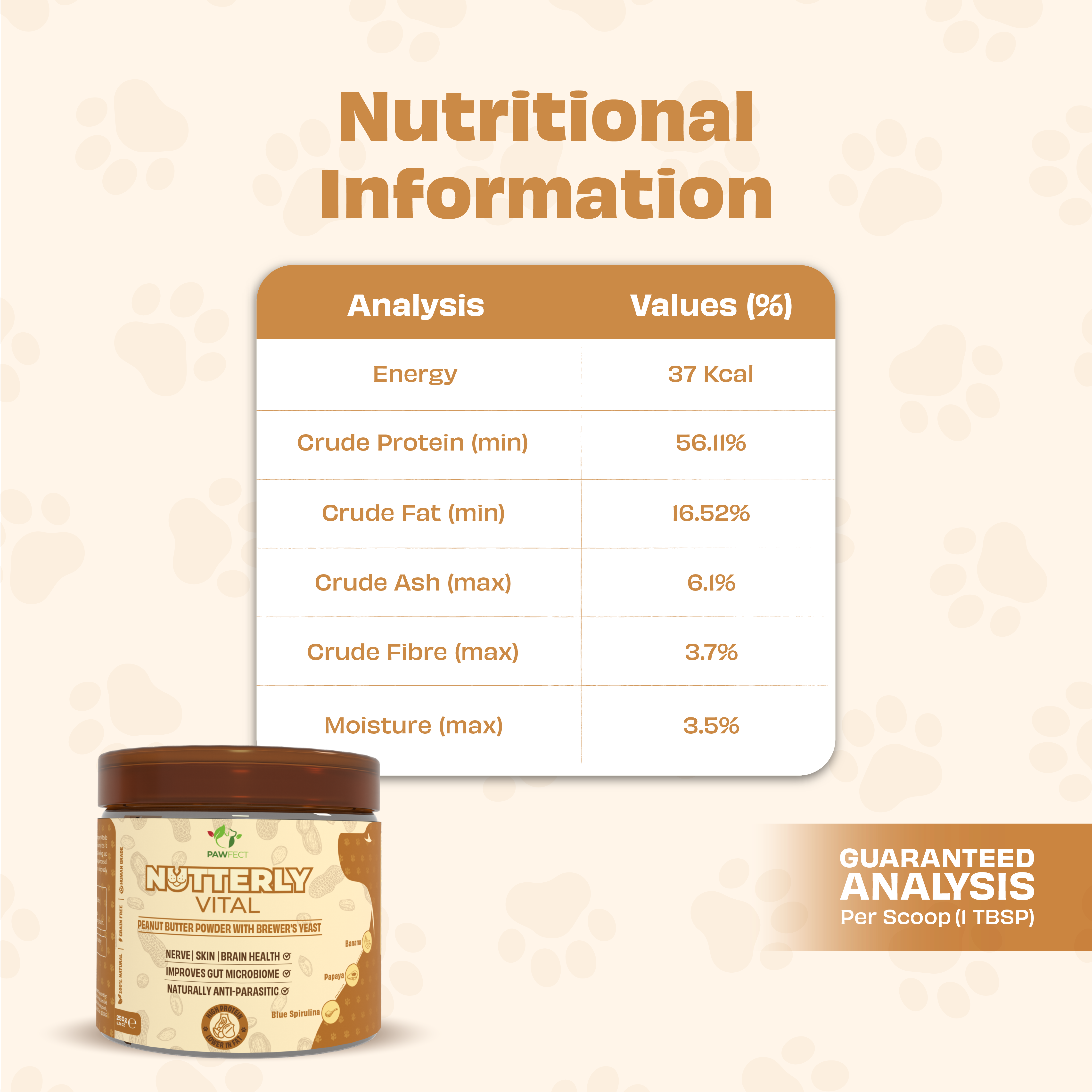 Pawfect Nutterly Vital Peanut Butter Powder | Daily Topper for Dogs | All Natural | Brewer's Yeast &amp; Blue Spirulina | Improves Nerve, Skin, Brain Health &amp; Gut Microbiome | Anti Parasitic (250g/8.82oz)