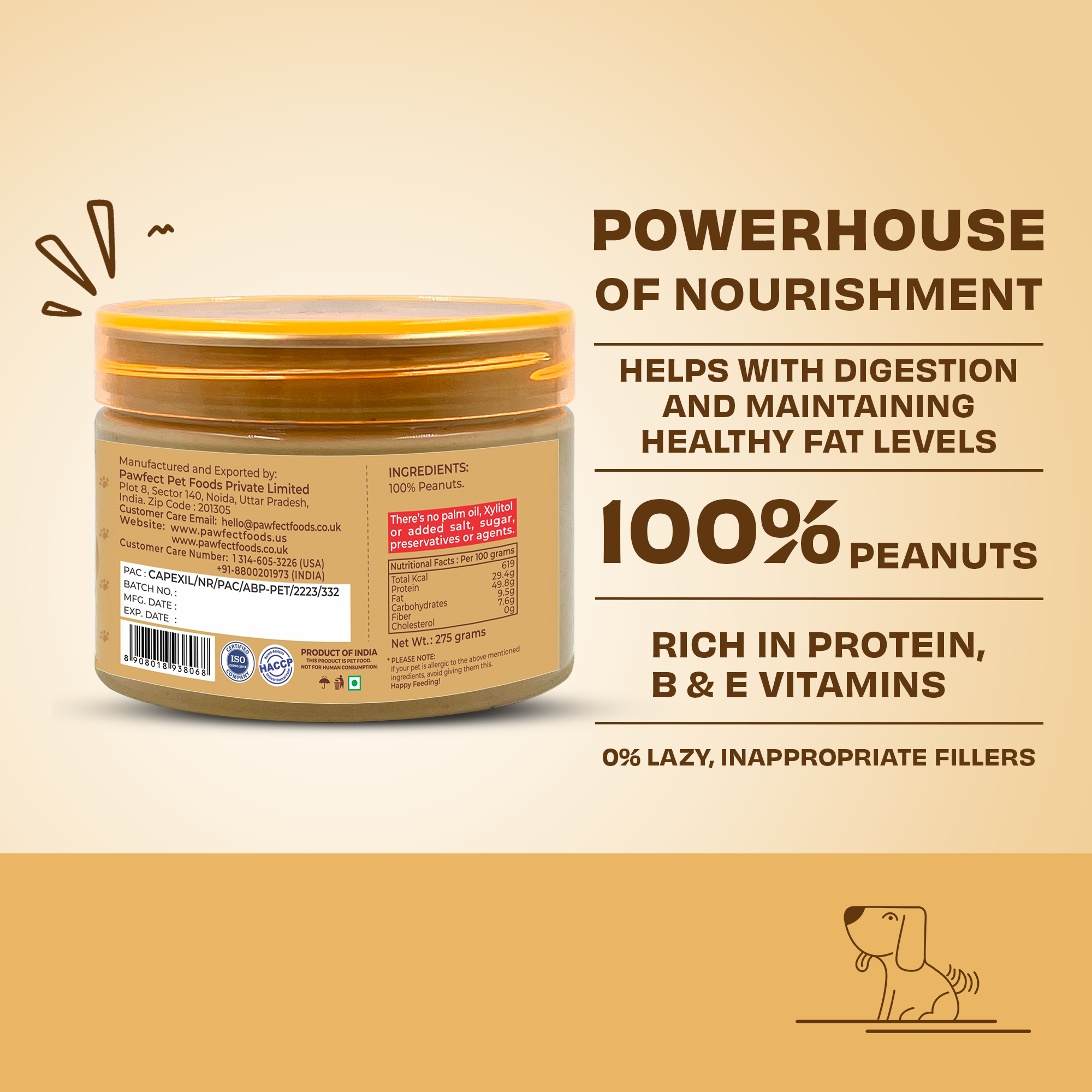 Pawfect Peanut Butter for Dogs & Puppies | 100% Natural| No Added Sugar, Salt, Palm Oil | No Sweeteners, No Xylitol | Dog Friendly Texture | Healthy Dog Treat