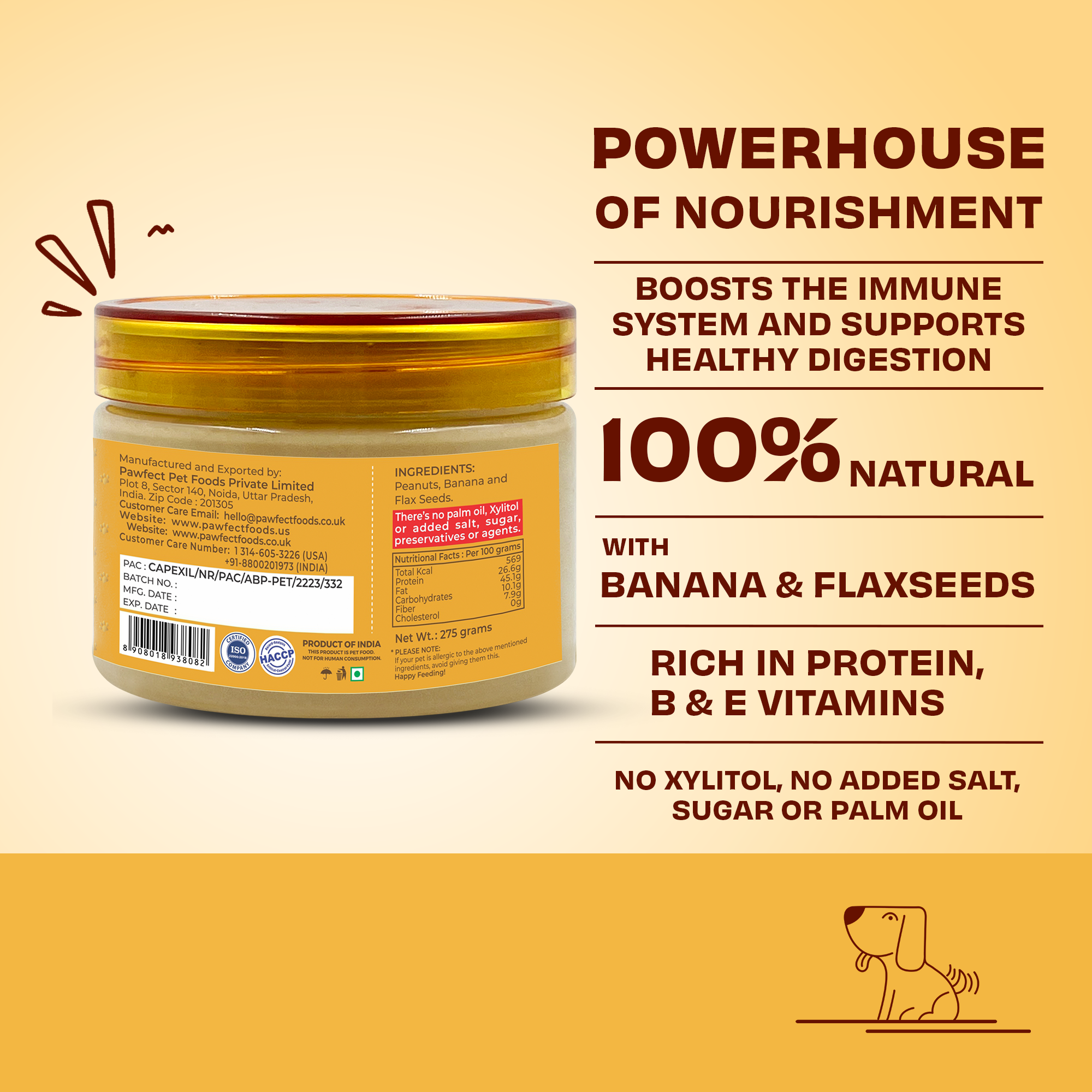 Pawfect Peanut Butter with Banana & Flaxseeds for Dogs & Puppies | 100% Natural| No Added Sugar, Salt, Palm Oil | No Sweeteners, No Xylitol | Healthy Dog Treat