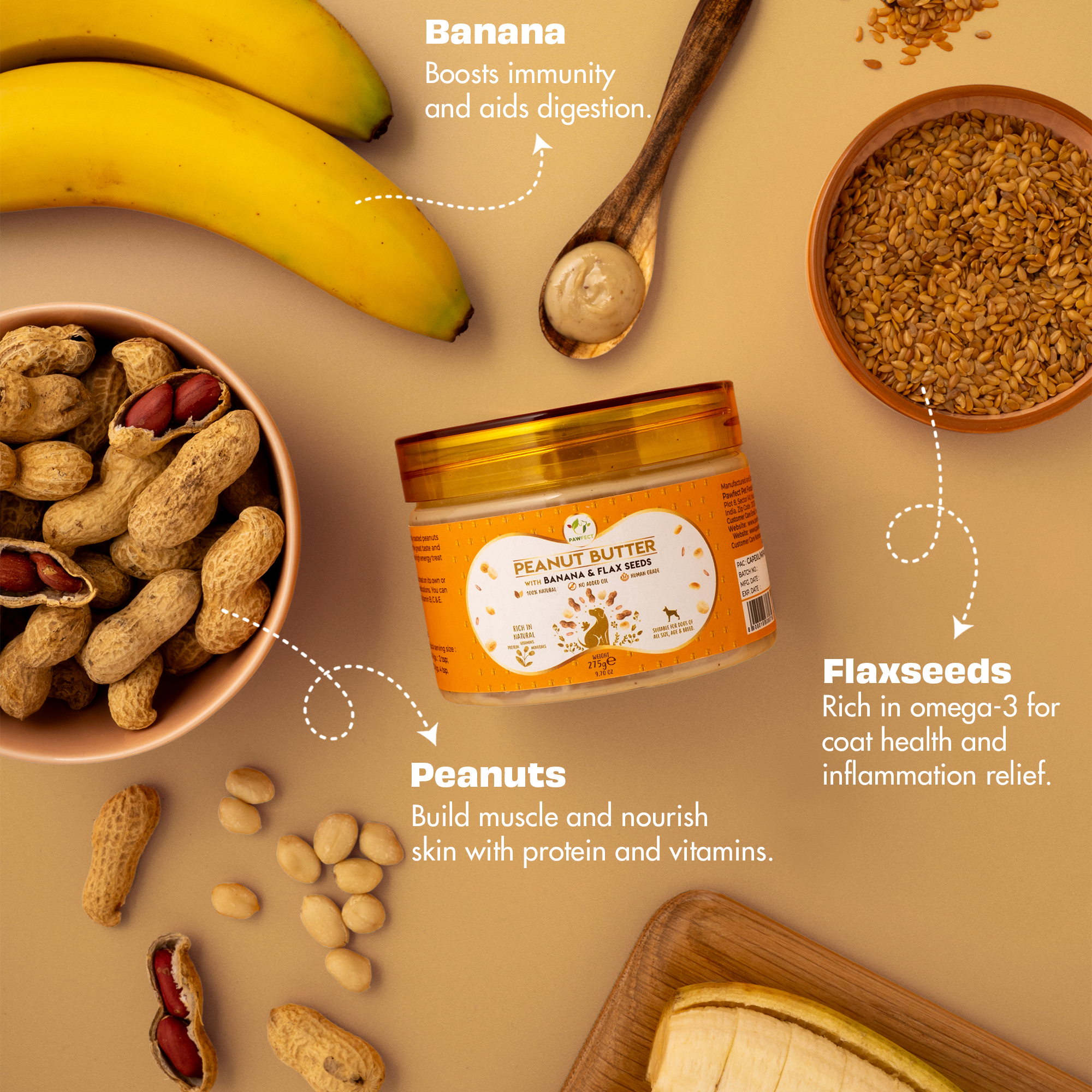 Pawfect Peanut Butter with Banana & Flaxseeds for Dogs & Puppies | 100% Natural| No Added Sugar, Salt, Palm Oil | No Sweeteners, No Xylitol | Healthy Dog Treat