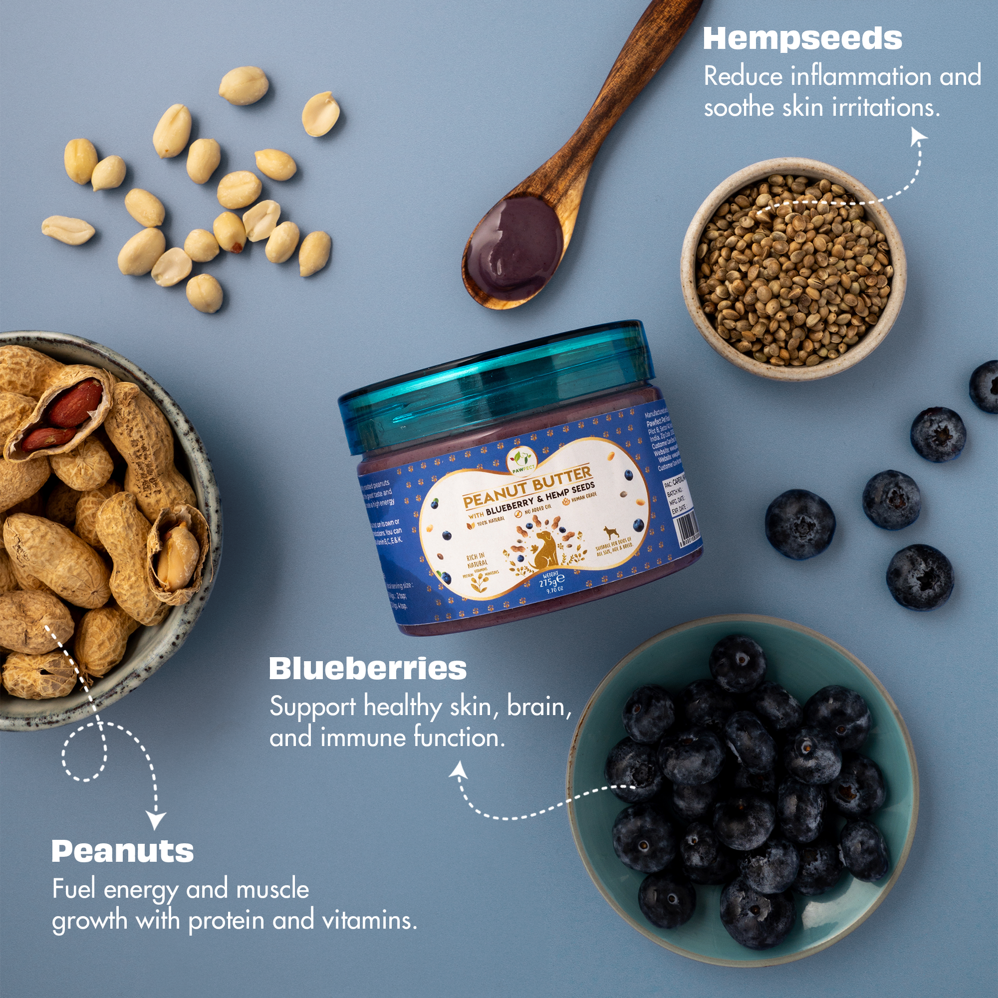 Pawfect Peanut Butter with Blueberries & Hempseeds for Dogs & Puppies | 100% Natural | No Added Sugar, Salt, Palm Oil | No Sweeteners, No Xylitol | Healthy Dog Treat