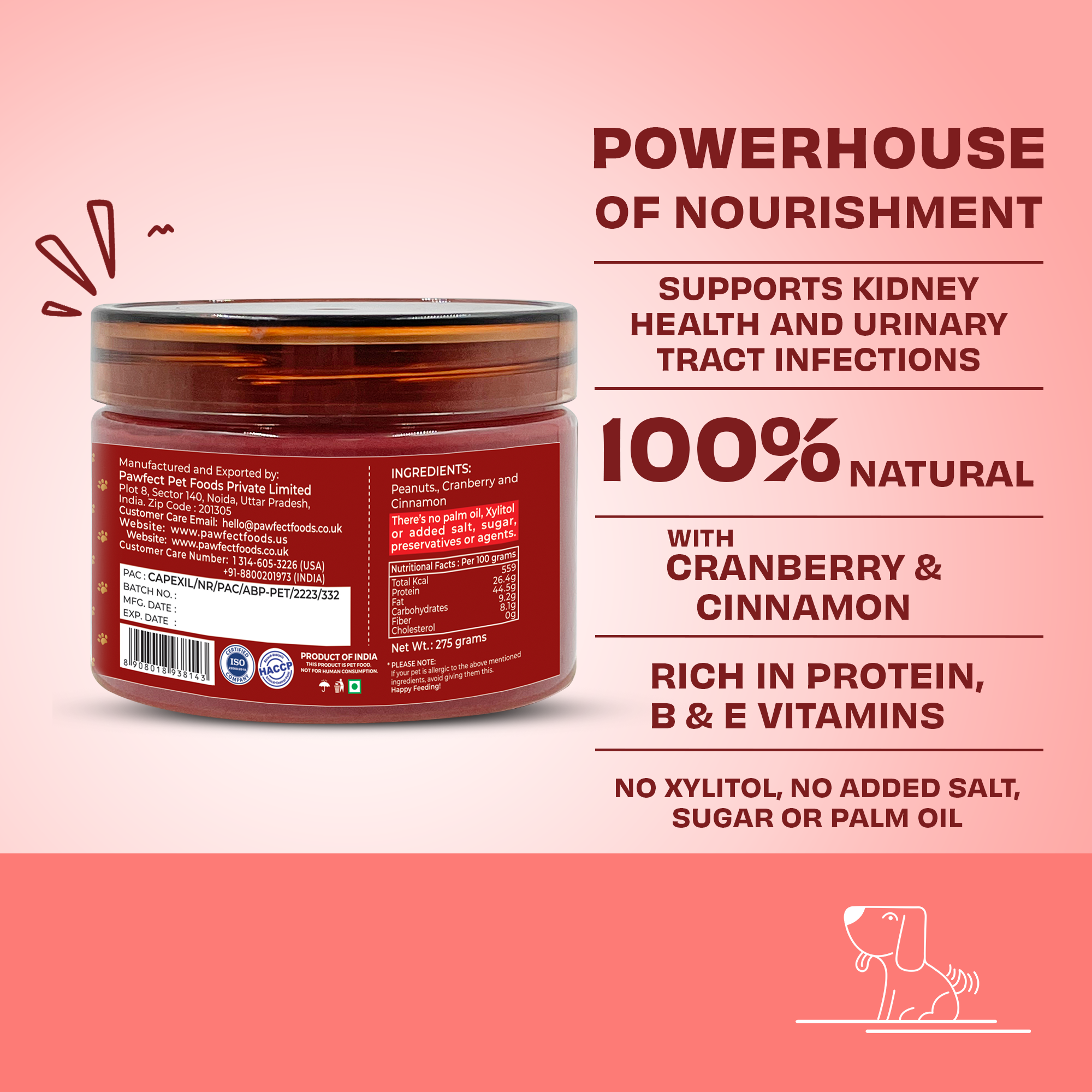 Pawfect Peanut Butter with Cranberry & Cinnamon for Dogs & Puppies | 100% Natural Peanut Butter | No Added Sugar, Salt, Palm Oil | No Sweeteners, No Xylitol | Healthy Dog Treat