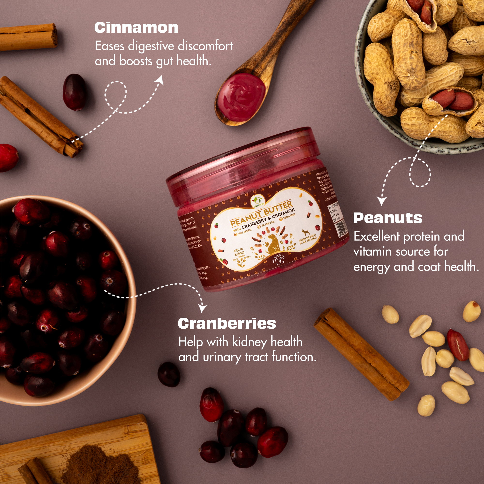 Pawfect Peanut Butter with Cranberry & Cinnamon for Dogs & Puppies | 100% Natural Peanut Butter | No Added Sugar, Salt, Palm Oil | No Sweeteners, No Xylitol | Healthy Dog Treat