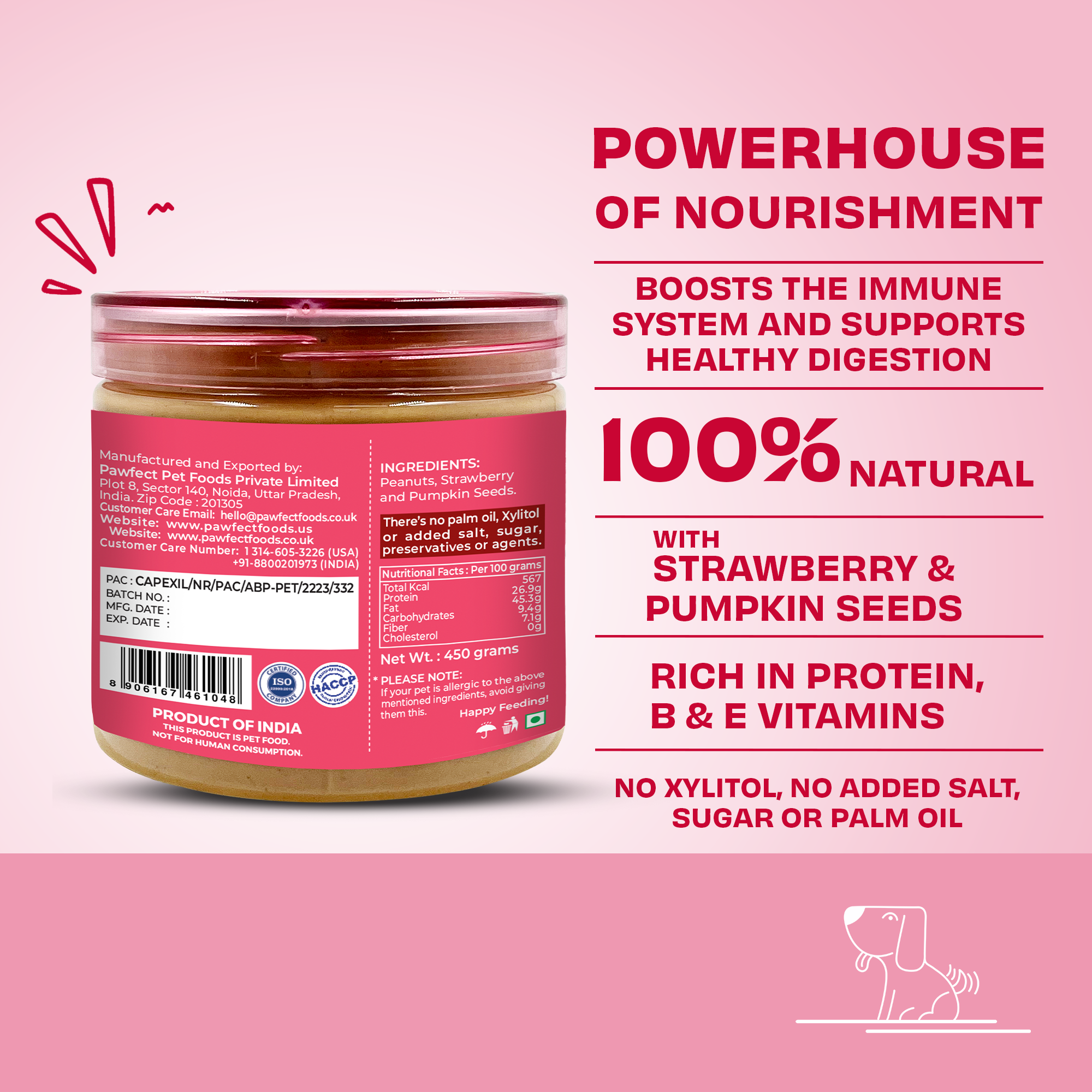 Pawfect Peanut Butter with Strawberry &amp; Pumpkin Seeds for Dogs &amp; Puppies | 100% Natural| No Added Sugar, Salt, Palm Oil | No Sweeteners, No Xylitol | Healthy Dog Treat