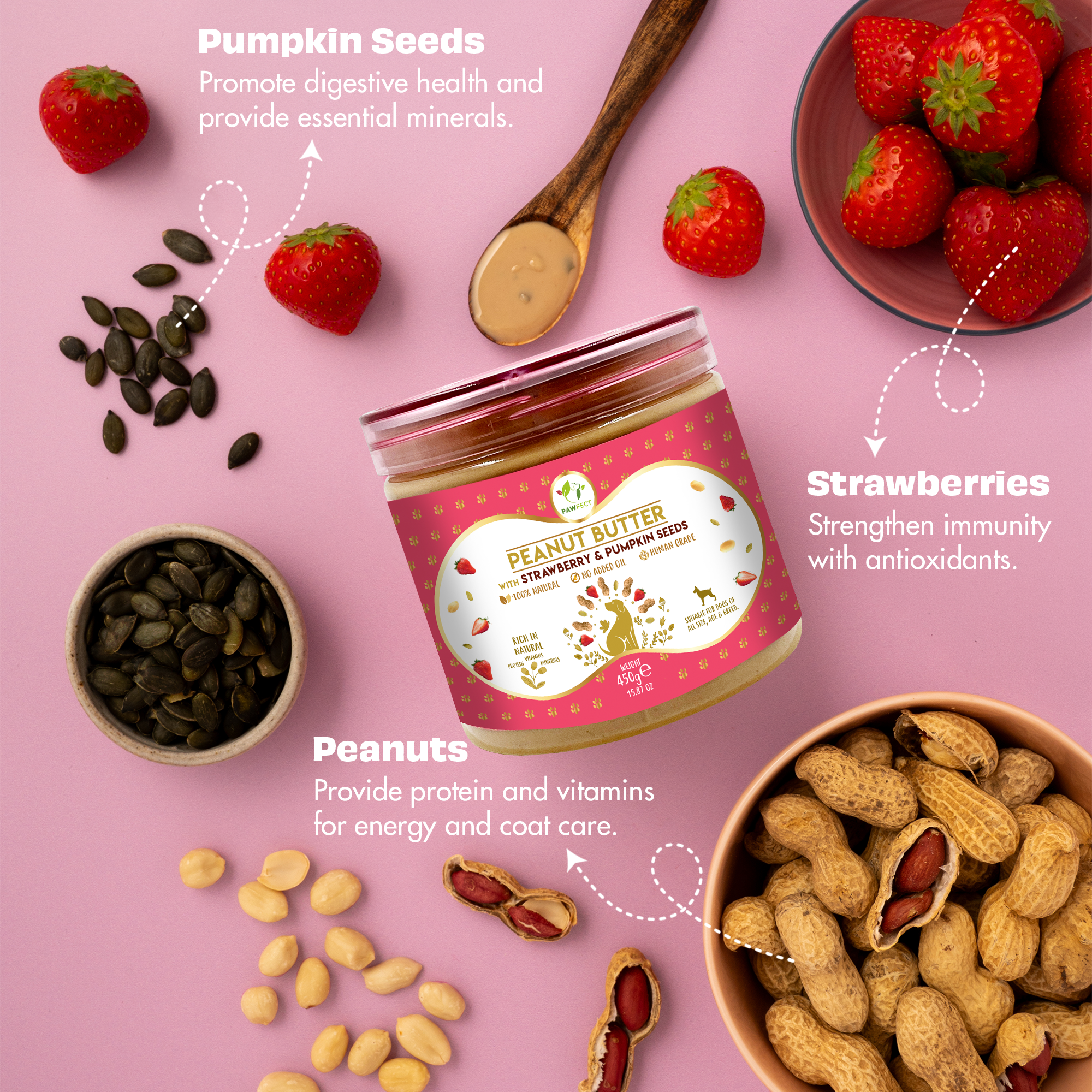 Pawfect Peanut Butter with Strawberry &amp; Pumpkin Seeds for Dogs &amp; Puppies | 100% Natural| No Added Sugar, Salt, Palm Oil | No Sweeteners, No Xylitol | Healthy Dog Treat