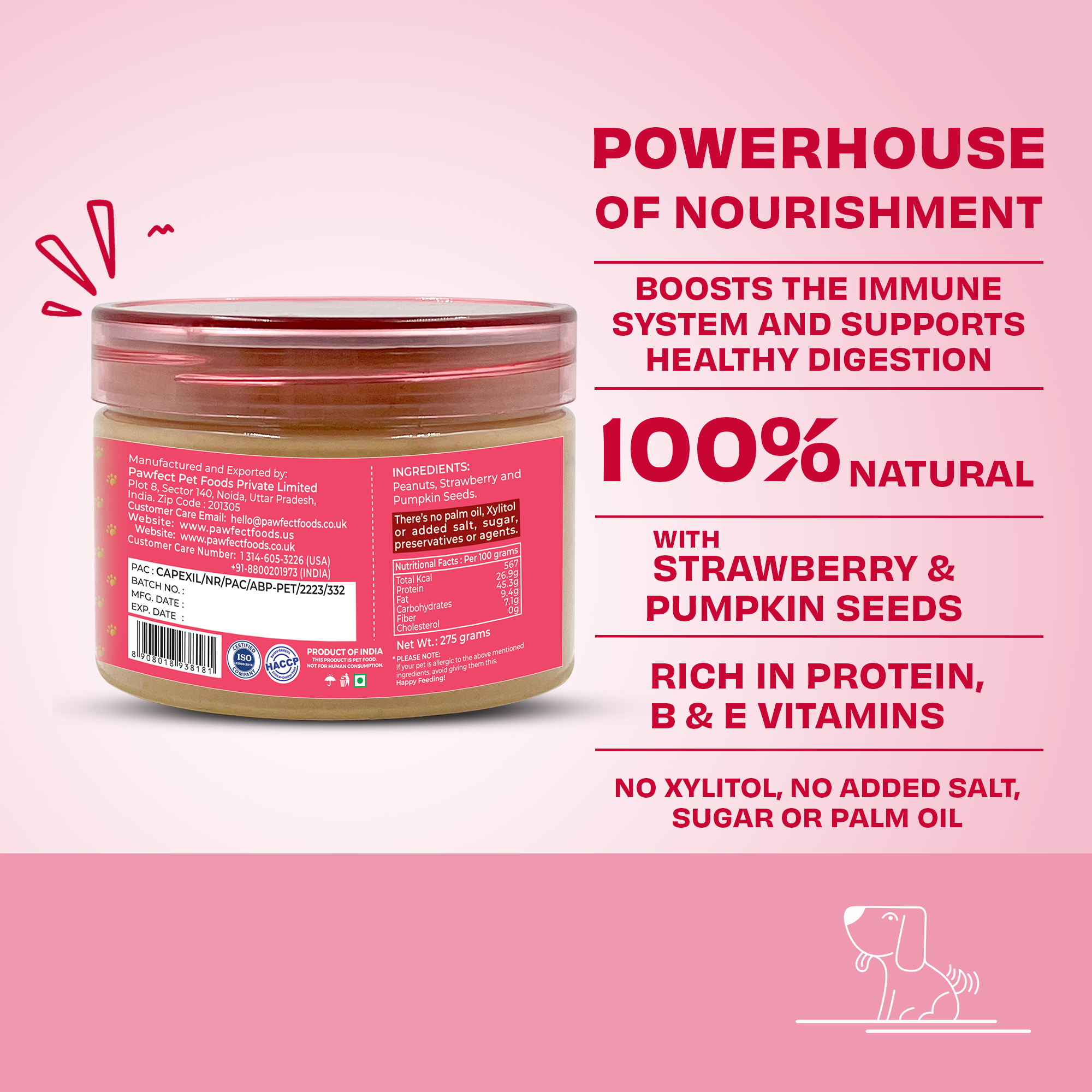 Pawfect Peanut Butter with Strawberry & Pumpkin Seeds for Dogs & Puppies | 100% Natural| No Added Sugar, Salt, Palm Oil | No Sweeteners, No Xylitol | Healthy Dog Treat
