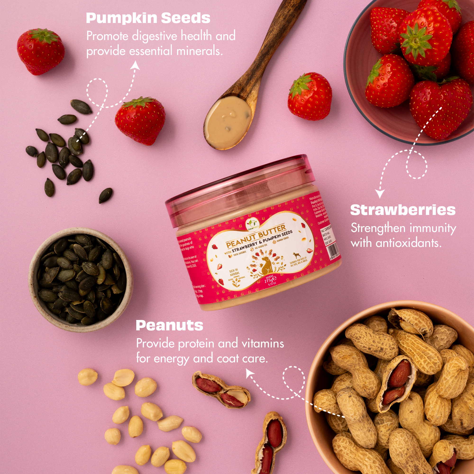 Pawfect Peanut Butter with Strawberry & Pumpkin Seeds for Dogs & Puppies | 100% Natural| No Added Sugar, Salt, Palm Oil | No Sweeteners, No Xylitol | Healthy Dog Treat