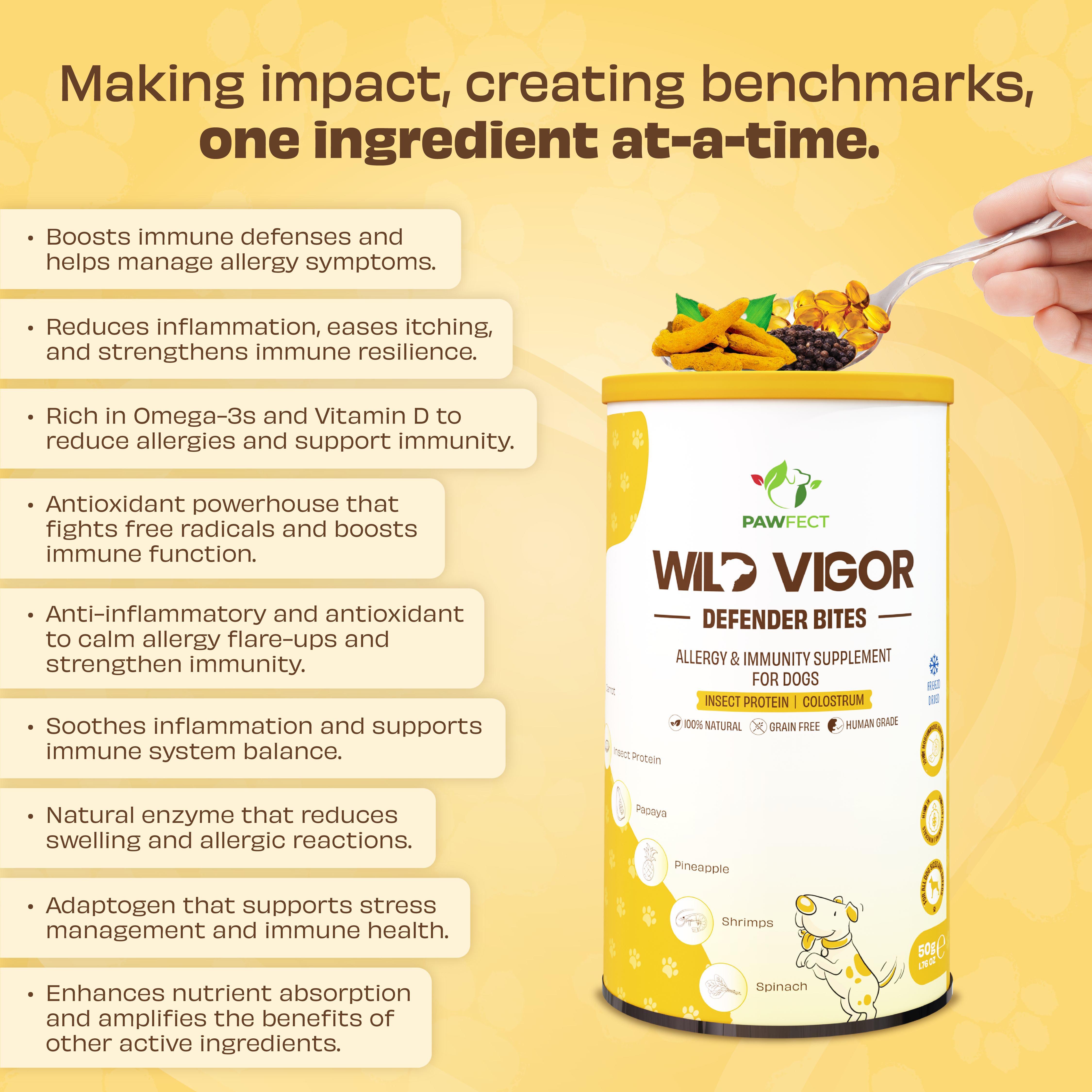 Pawfect Wild Vigor Defender Bites | Allergy and Immunity Supplement for Dogs | Omega 3 Boost | 100% Natural | Grain Free| Enriched with Insect Protein, Colostrum, Quercetin &amp; Biotin (70g/2.46oz)