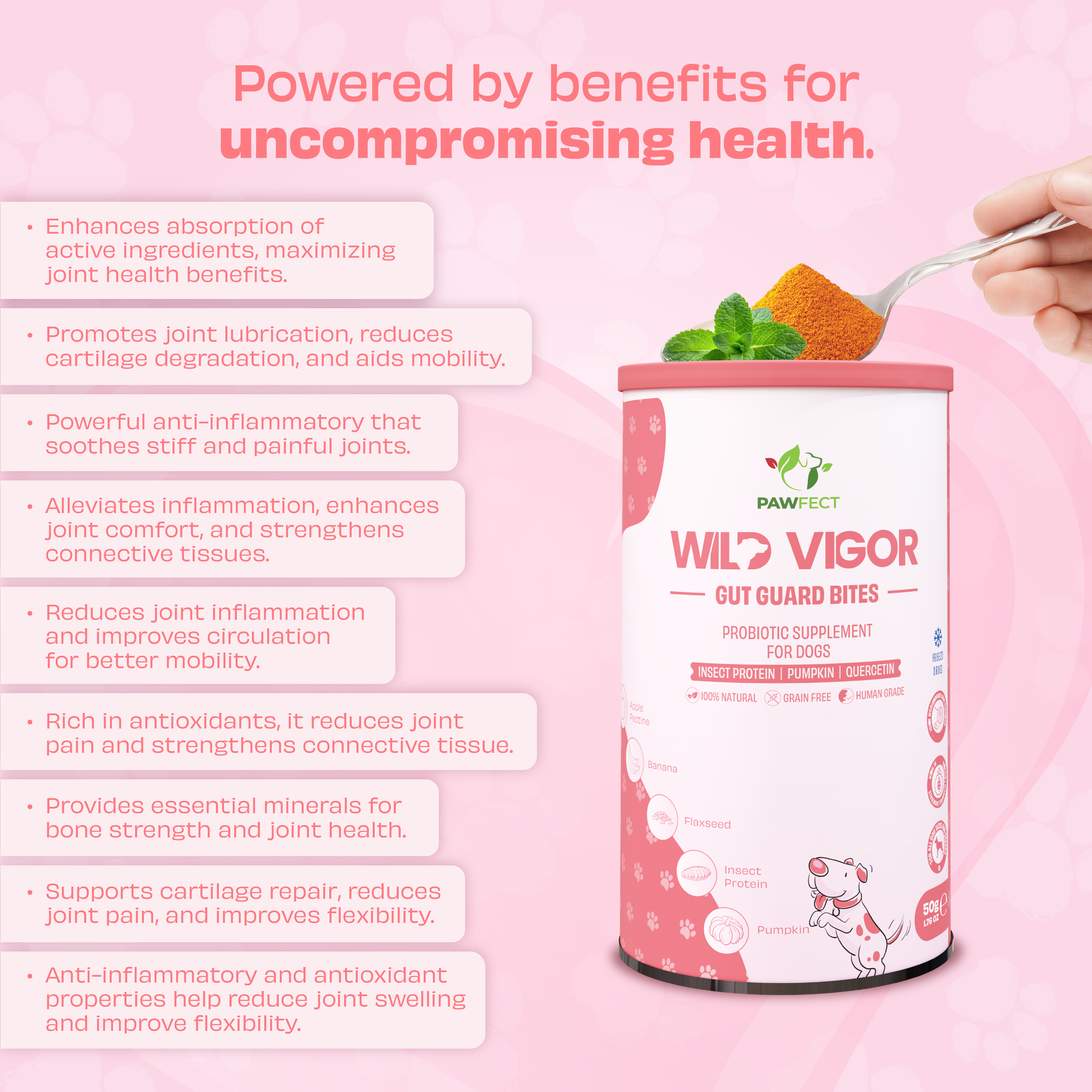 Pawfect Wild Vigor Gut Guard Bites | Probiotic Supplement for Dogs | All Natural | Grain Free | Enriched with Insect Protein, Milk Thistle, Green Turmeric &amp; Dandelion Root (70g/2.46oz)