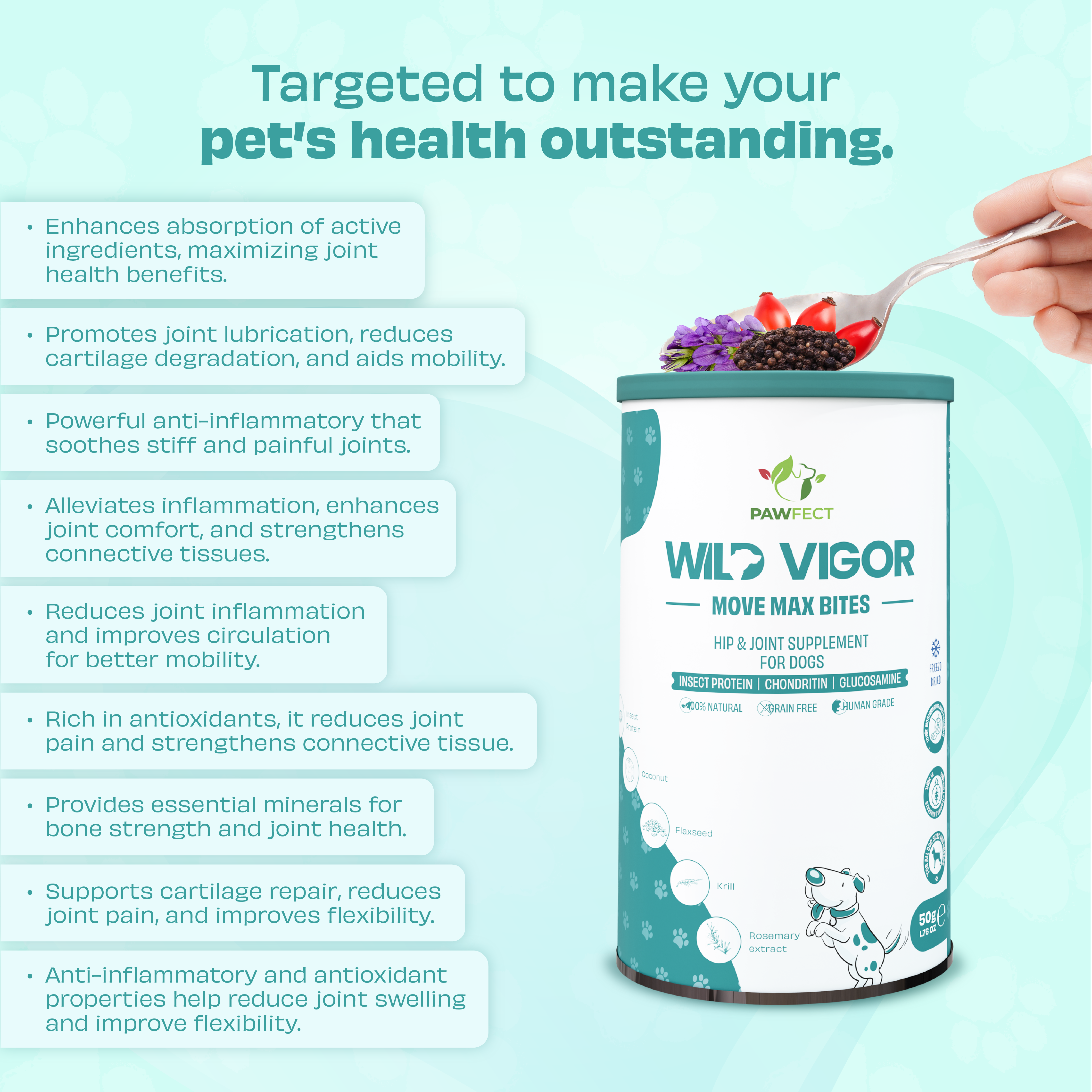 Pawfect Wild Vigor Move Max Bites | Hip &amp; Joint Supplement for Dogs | Mobility | All Natural | Grain Free | Enriched with Insect Protein, Chondroitin, Glucosamine HCL &amp; Rosehip extracts (70g/2.46oz)