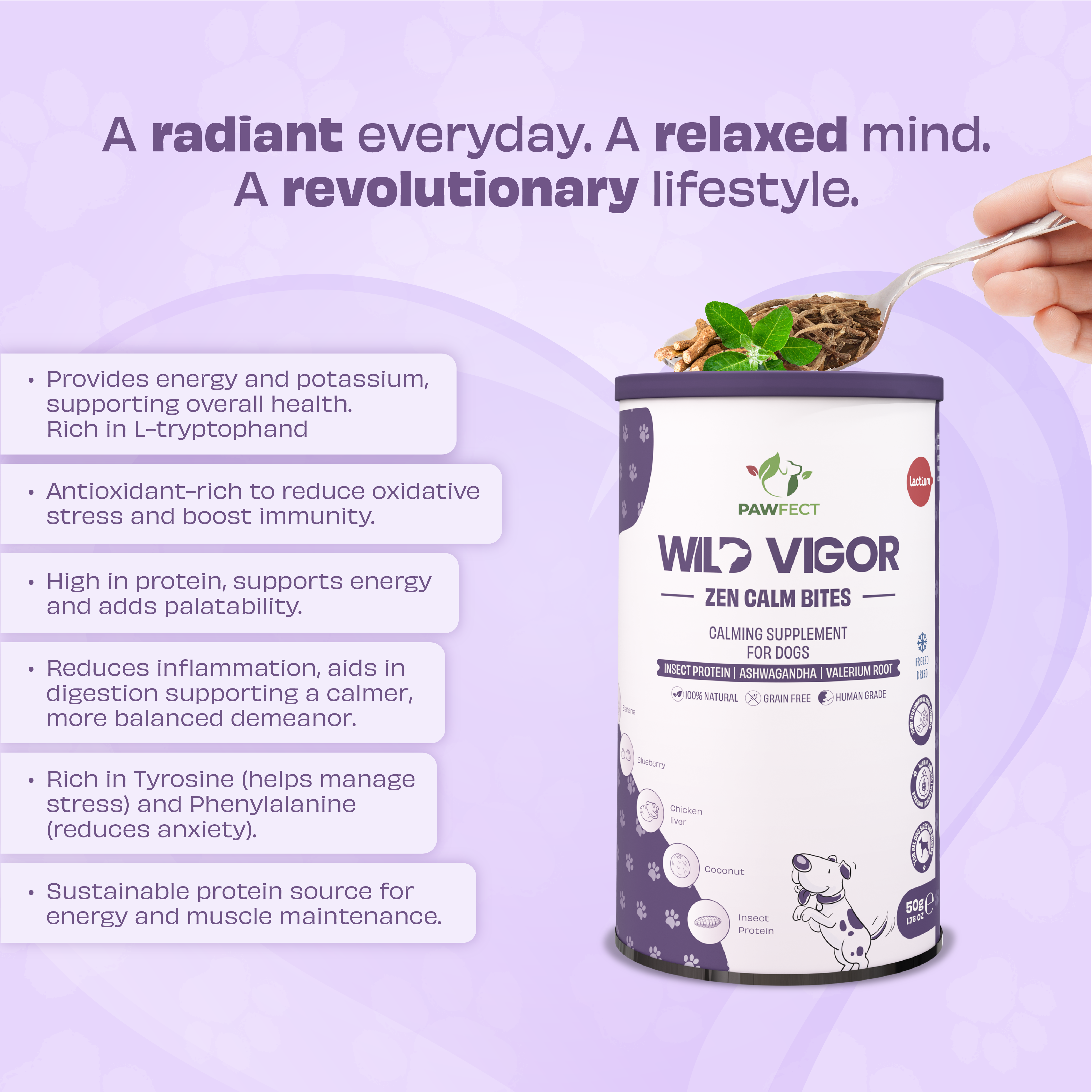 Pawfect Wild Vigor Zen Calm Bites | Calming Supplement for Dogs | All Natural | Grain Free | Enriched with Insect Protein, Chamomile, Valerian Root, Ashwagandha &amp; Choline (70g/2.46oz)