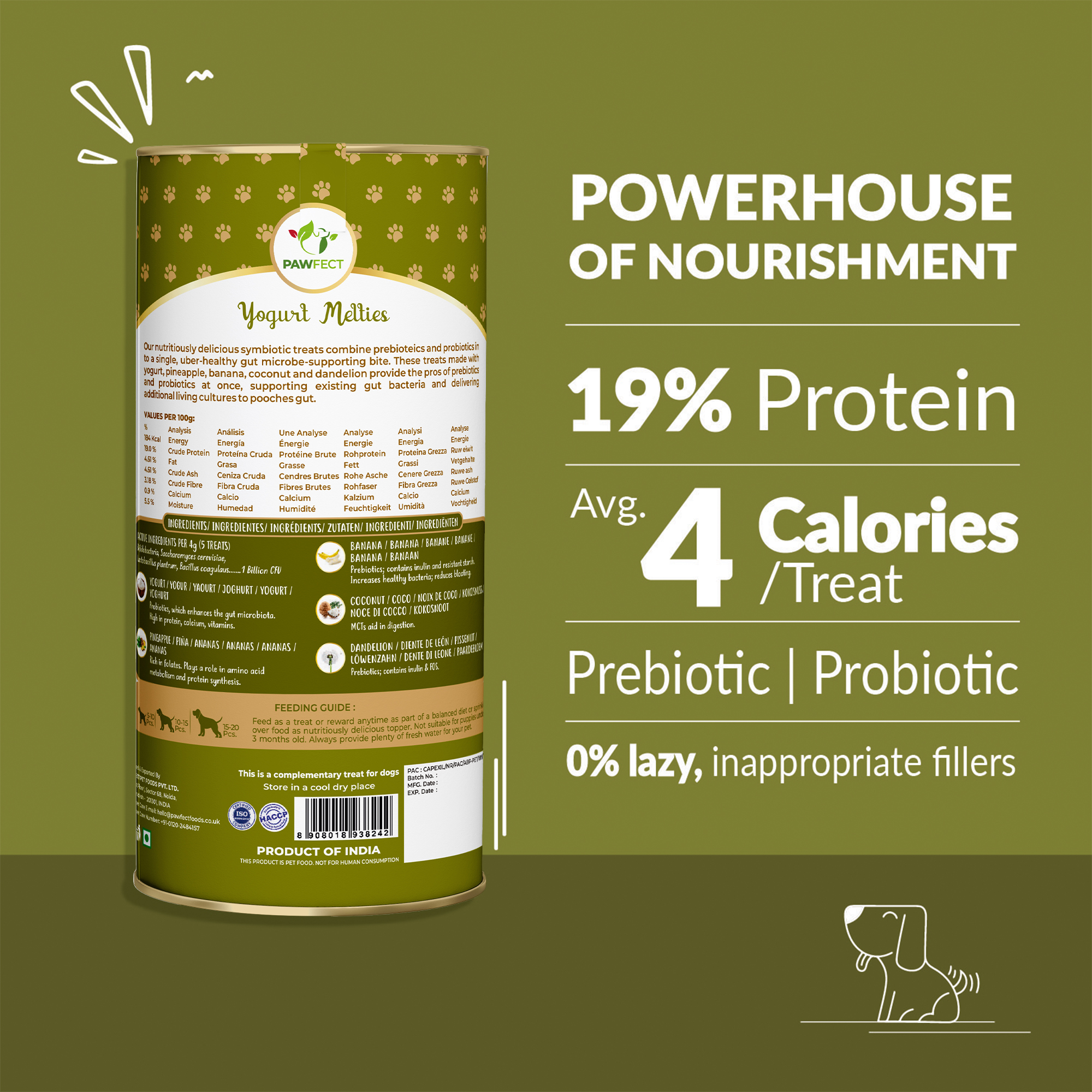 Pawfect Yogurt Melties Pre and Probiotic Dog Treats with Pineapple, Coconut, Banana, Dandelion | Healthy Gut l Low Calories | Grain &amp; Gluten Free | Reward or Training Treats (38g/1.34oz)