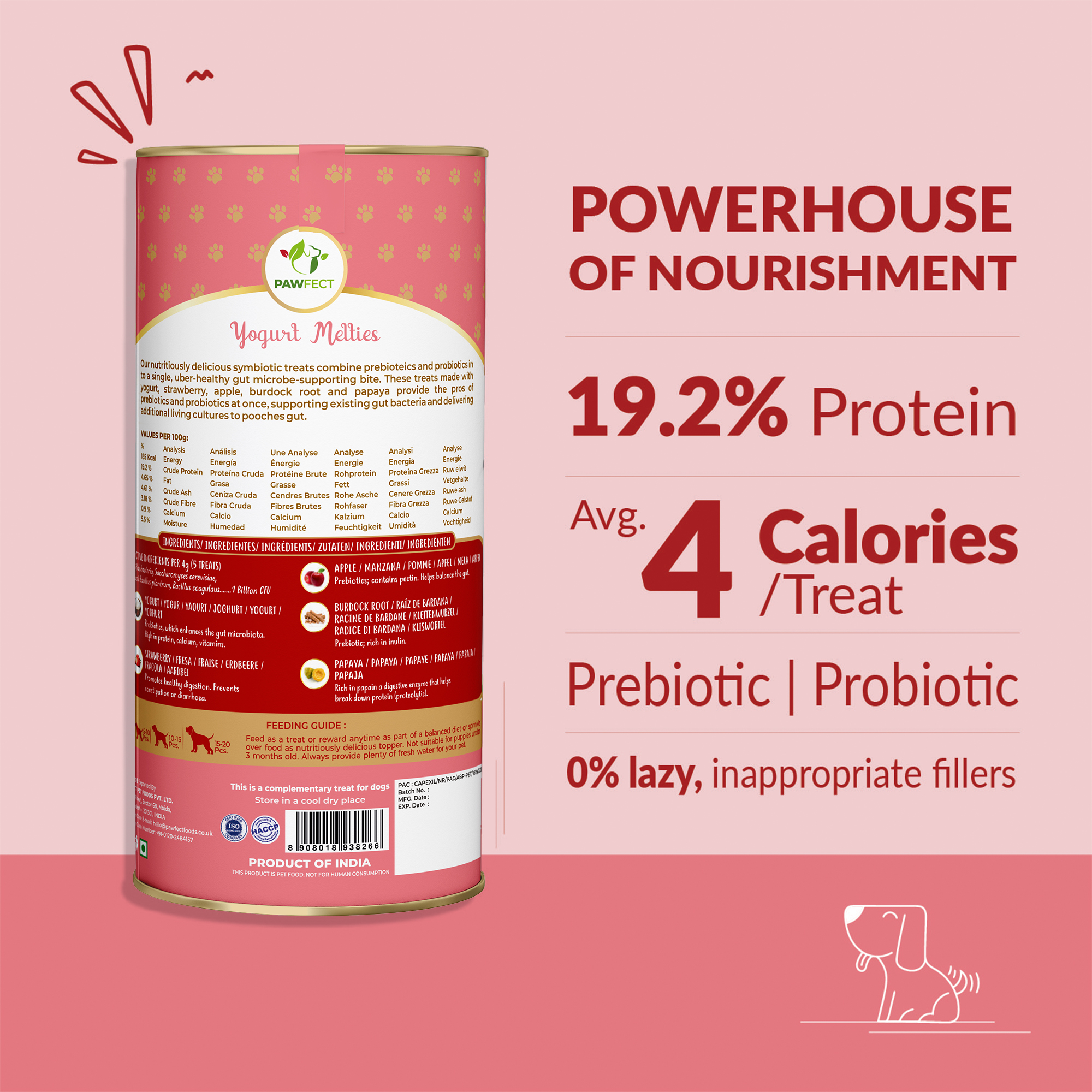 Pawfect Yogurt Melties Pre and Probiotic Dog Treats with Strawberry, Apple, Papaya &amp; Burdock Root | Healthy Gut | Low Calories | Grain &amp; Gluten Free | Reward or Training Treats (38g/1.34oz)