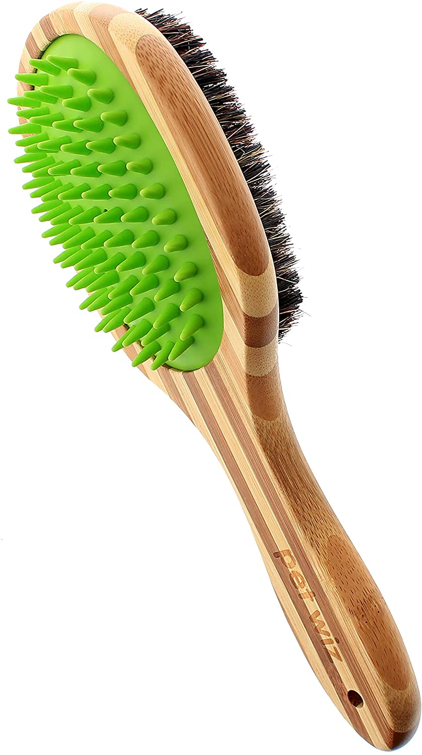 Double Sided Bamboo Dog Brush with Silicone Massager for Grooming