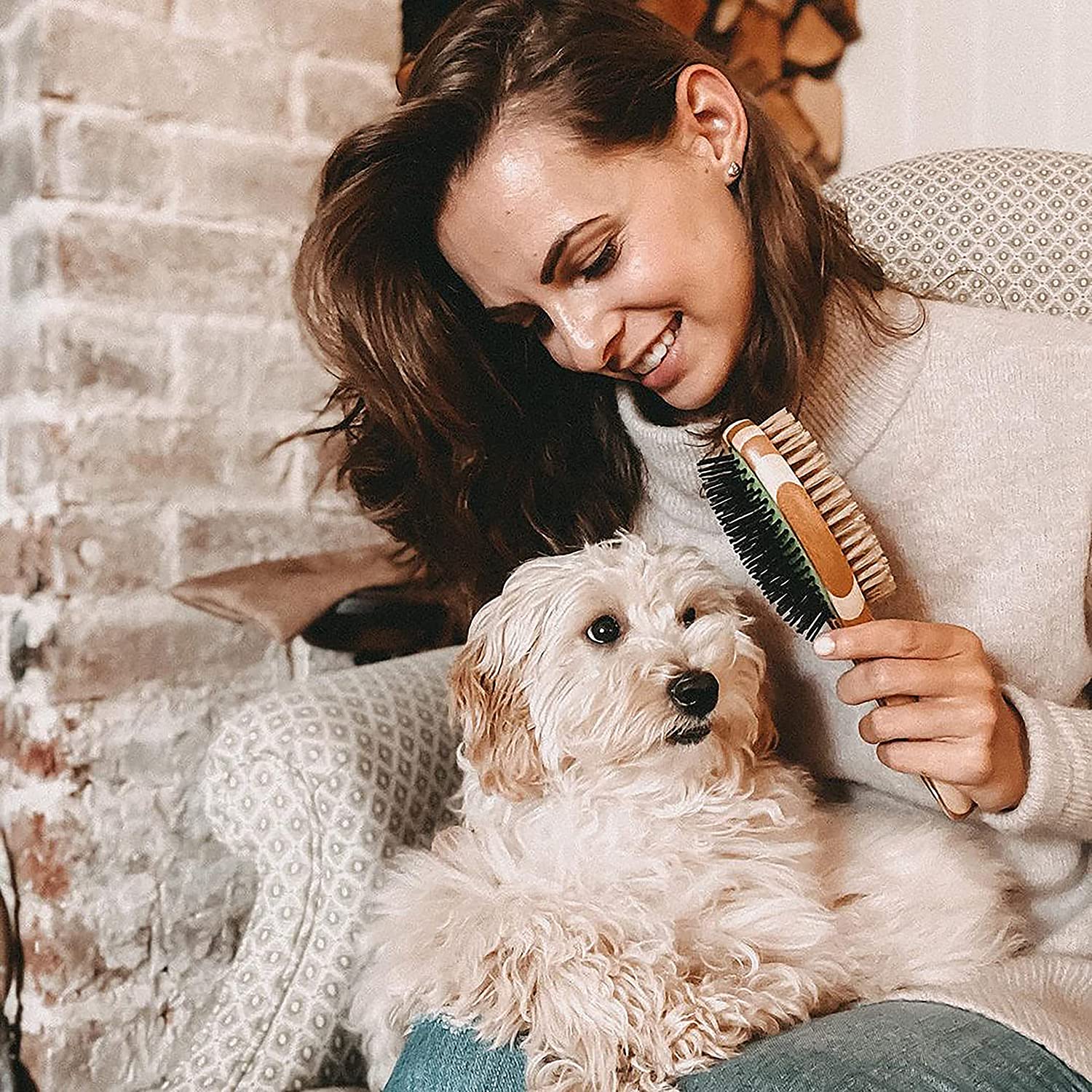 Double Sided Pin & Bristle Bamboo Brush for Dog Grooming