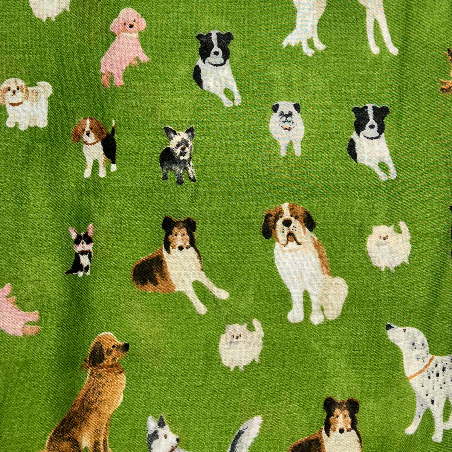 Dog print with mix breeds on medium lightweight print in green