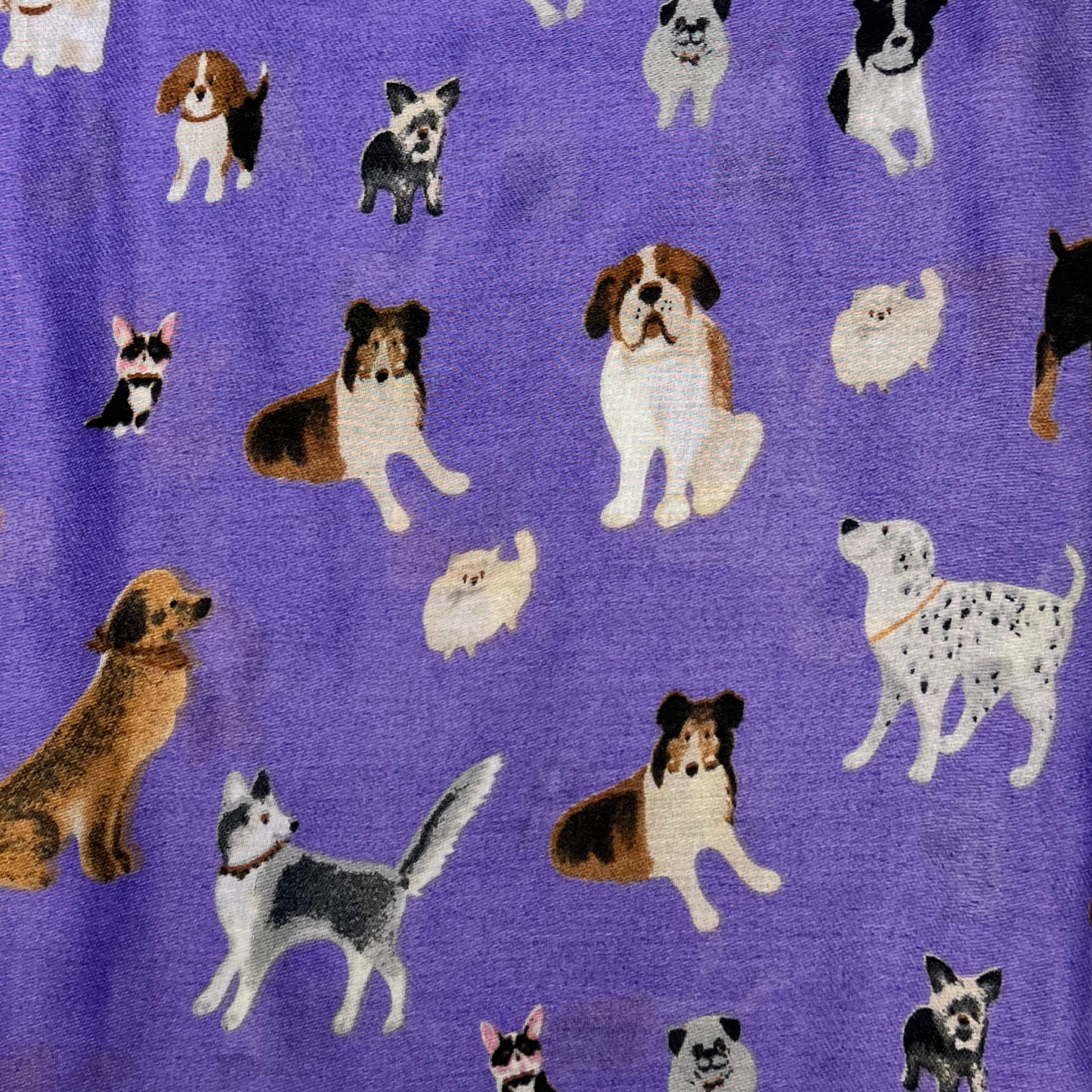 Dog print with mix breeds on medium lightweight print in purple