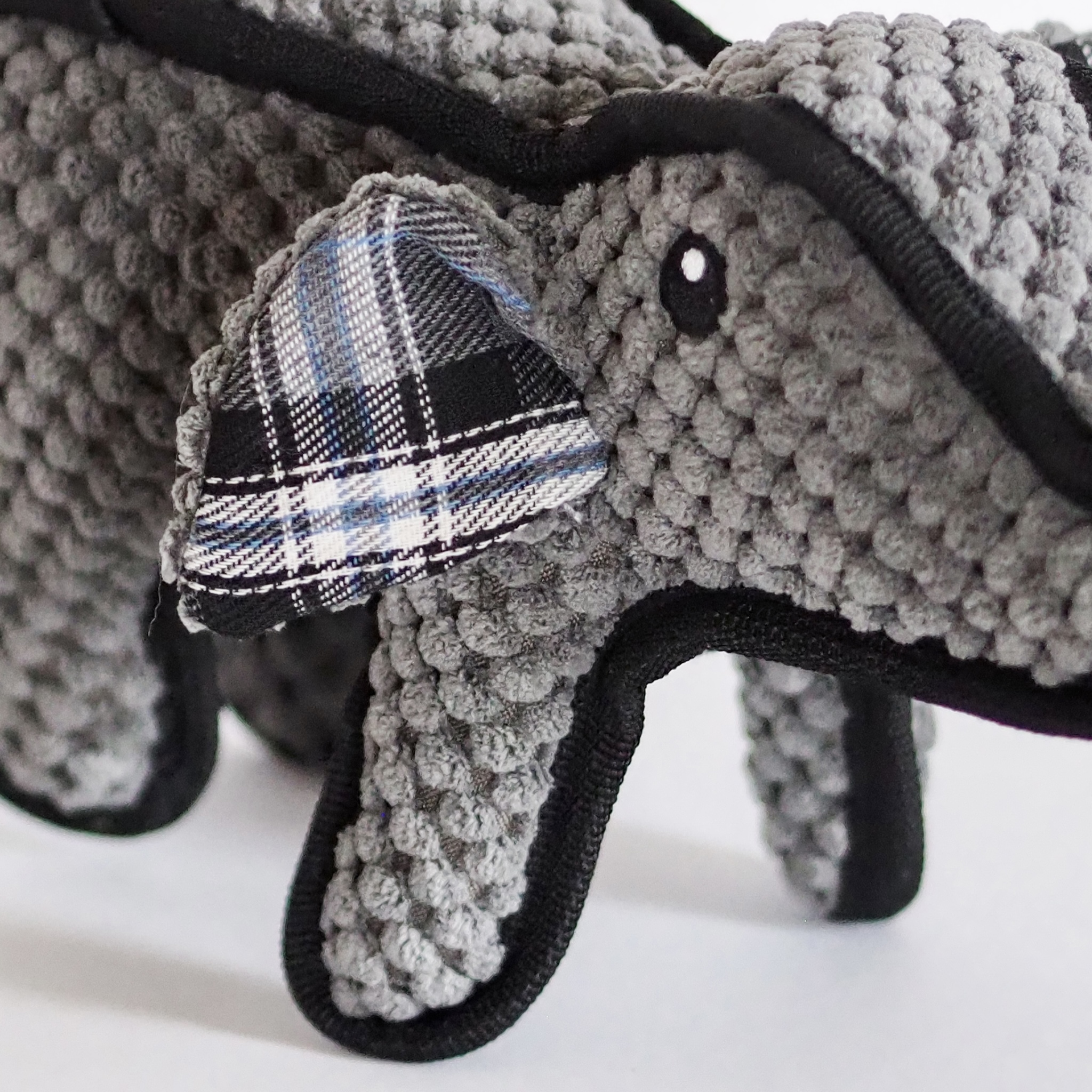 Plush Squeaky Grey and Tartan Elephant ‘Tuffy’ Dog Toy